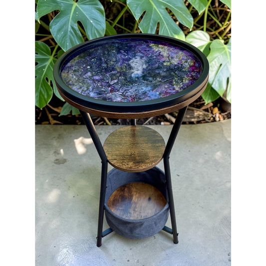 Crushed Merlot Resin Art Accent Table – 26” Tall Handmade Side Table with Shelf & Storage – Acrylic Pour Furniture –Functional Art Statement