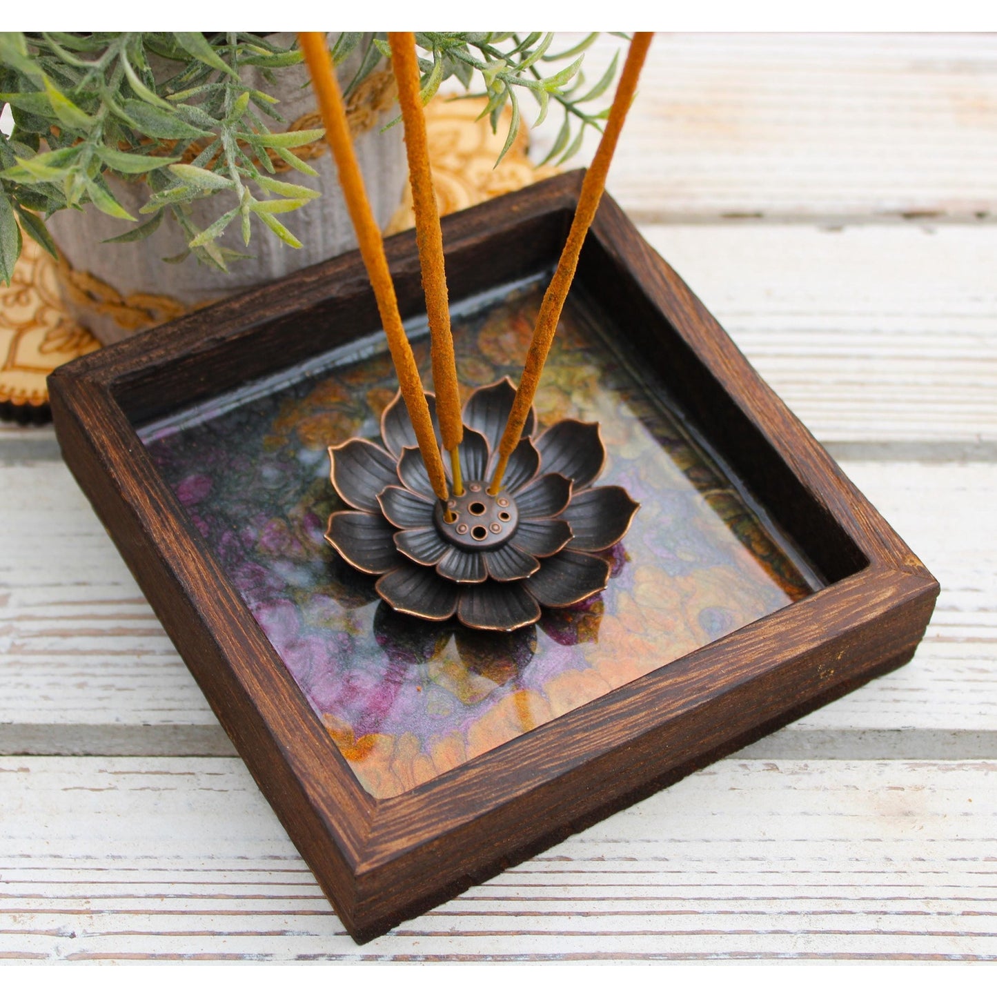 Hand Painted Lotus Incense Holder – Resin Sealed Acrylic Pour Art –