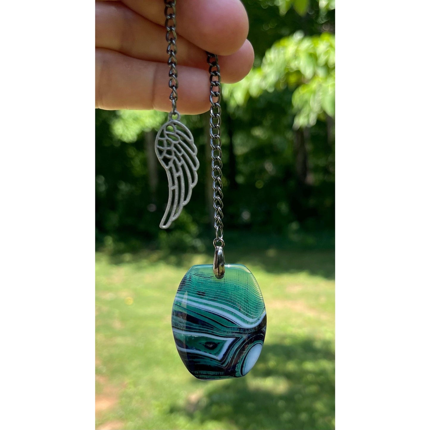 Designs by Imogen Art™ Pocket Peace Collection – Guardian Series Blue green Agate Meditation Stone with Angel Wing Pocket Comfort Stone