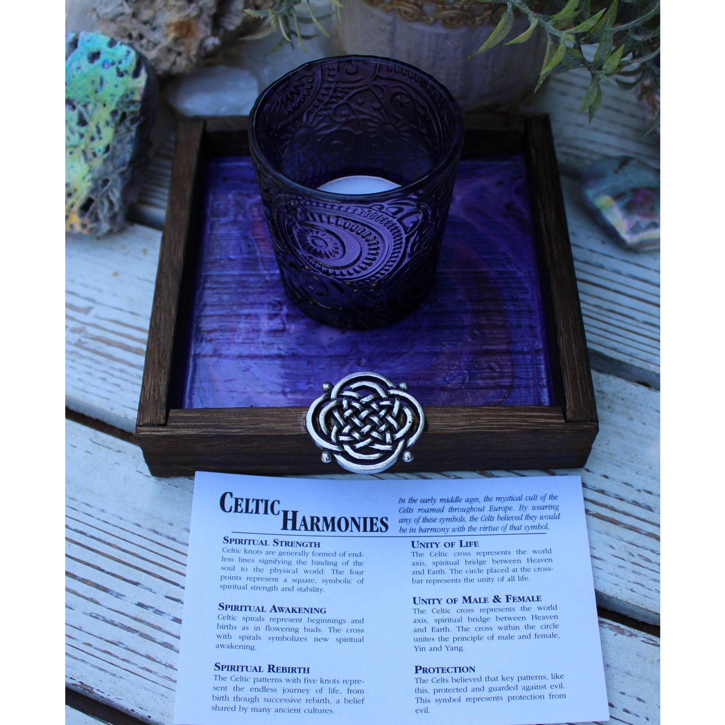 Candle Holder and Candle Celtic Harmony Hand Painted Wood