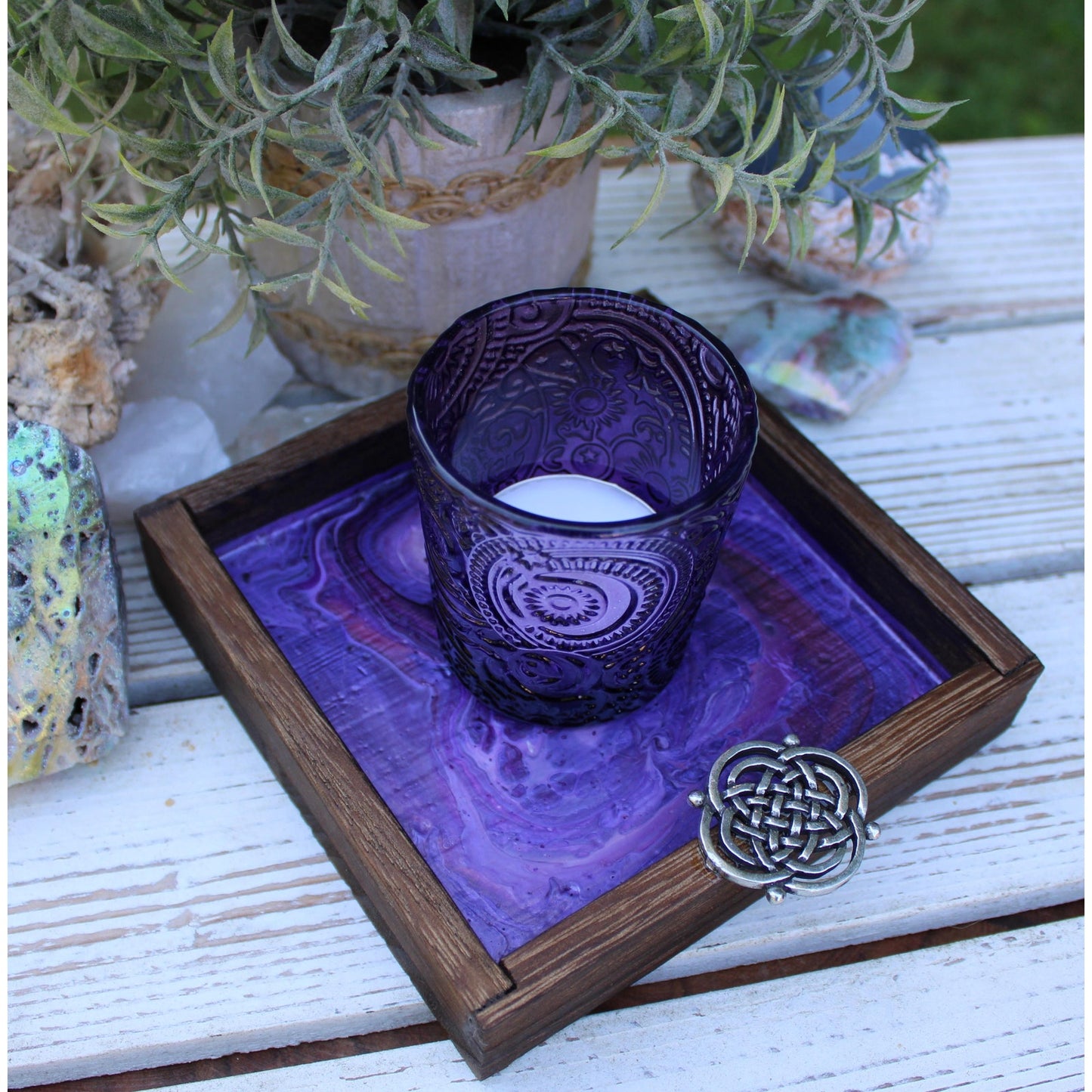 Candle Holder and Candle Celtic Harmony Hand Painted Wood
