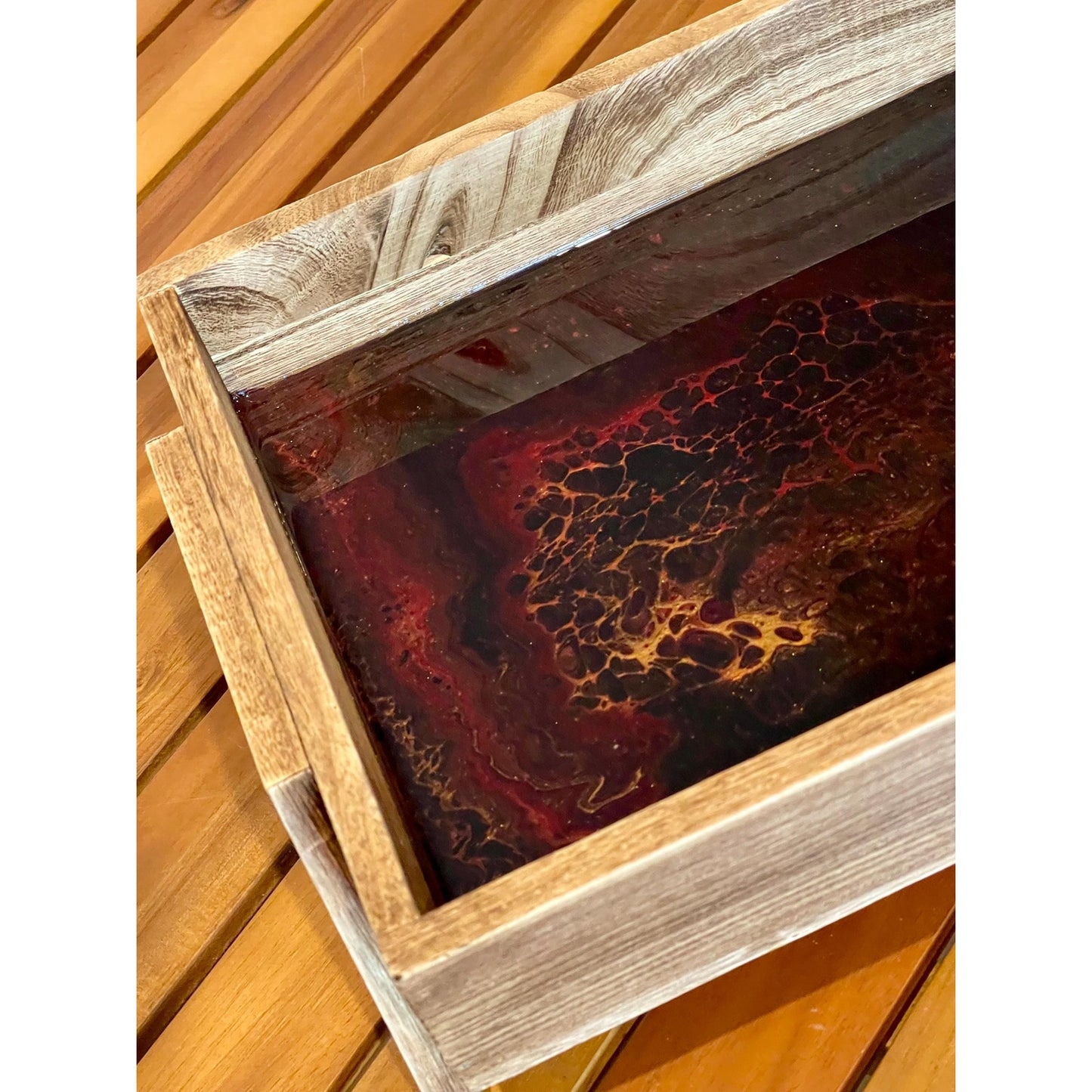 Obsidian Fire Resin Tray, Handmade Wood Tray