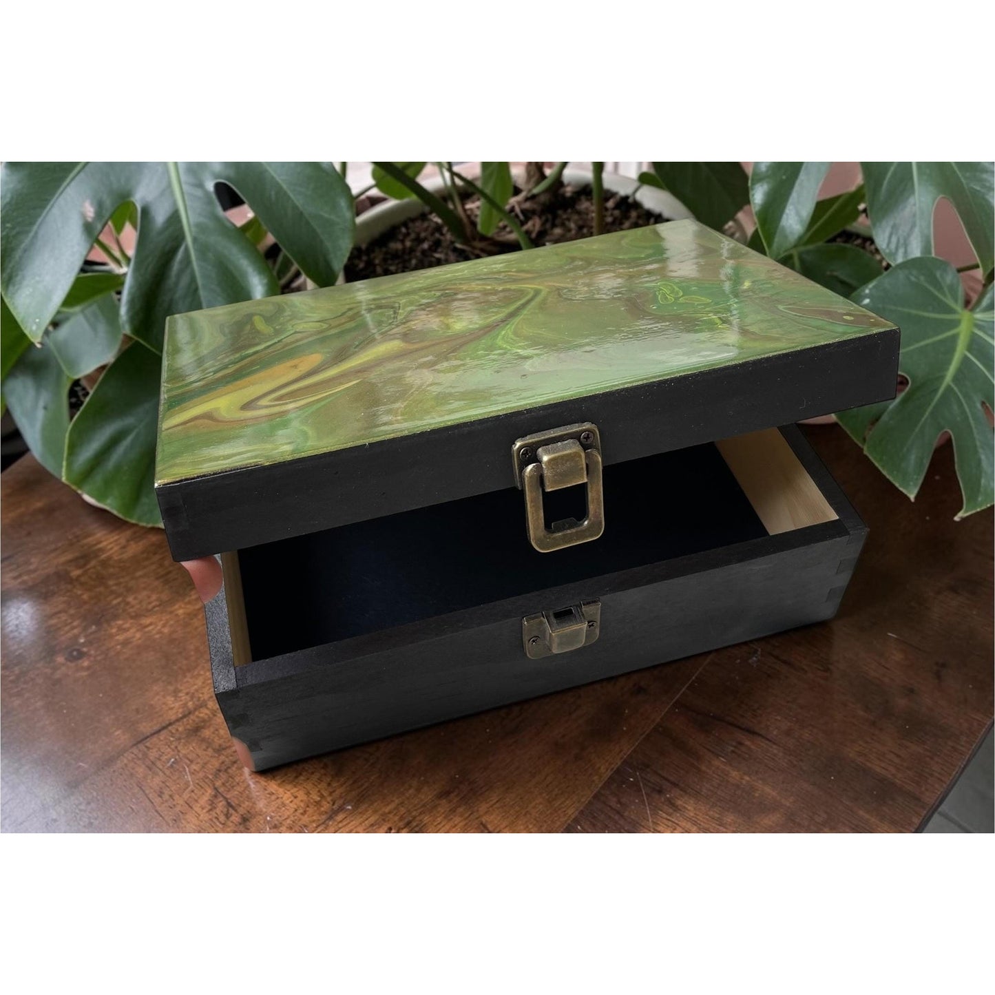 Hand Painted Wooden Stash Box | Abstract Fluid Art Keepsake Box | Crystal & Jewelry Storage | Moody Boho