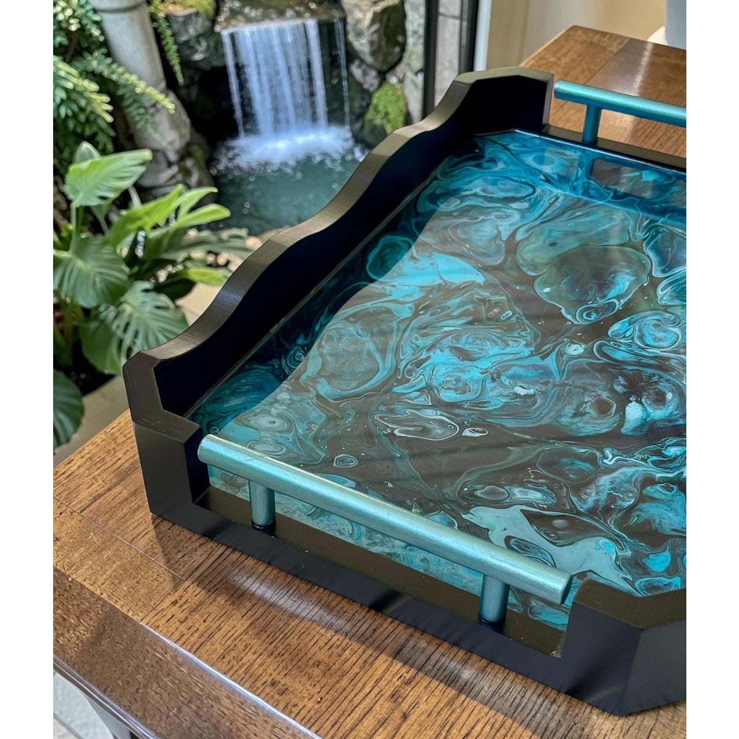 Glacial Vein Resin Art Tray | 14x10 Handmade Serving Tray | Turquoise Fluid Art | Luxury Home Decor | Coastal Decor | Functional Art Tray
