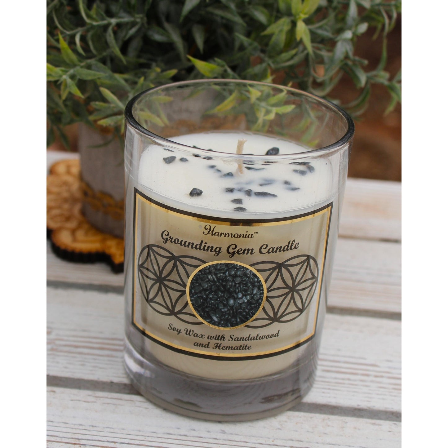 Meditation Altar Set • Resin Wood Tray with Gemstone Soy Candle •
