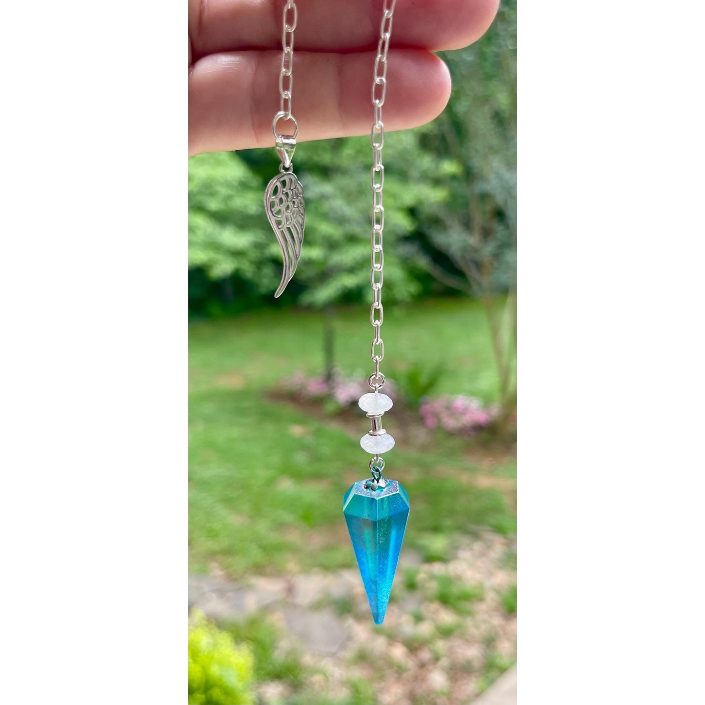 Luxury Blue Aqua Aura Quartz Pendulum with Sterling Silver Angel Wing | Heavy Precious Metal Sterling Silver Chain | Handmade Pendulum