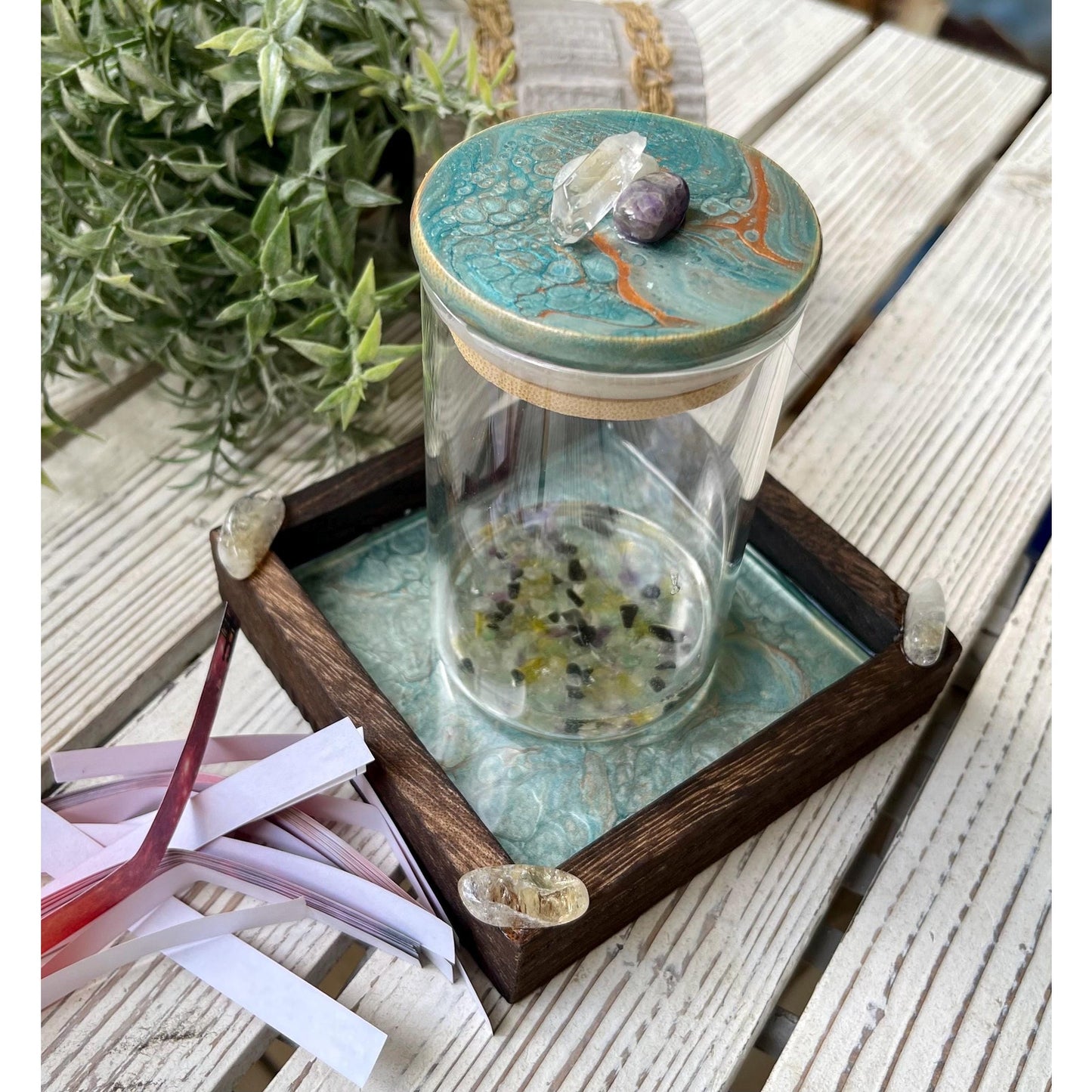 Manifestation Prayer Jar Set with Citrine, Amethyst & Clear Quartz – Hand Painted Tray – Crystal Intention Jar Spiritual Gift Energy Ritual