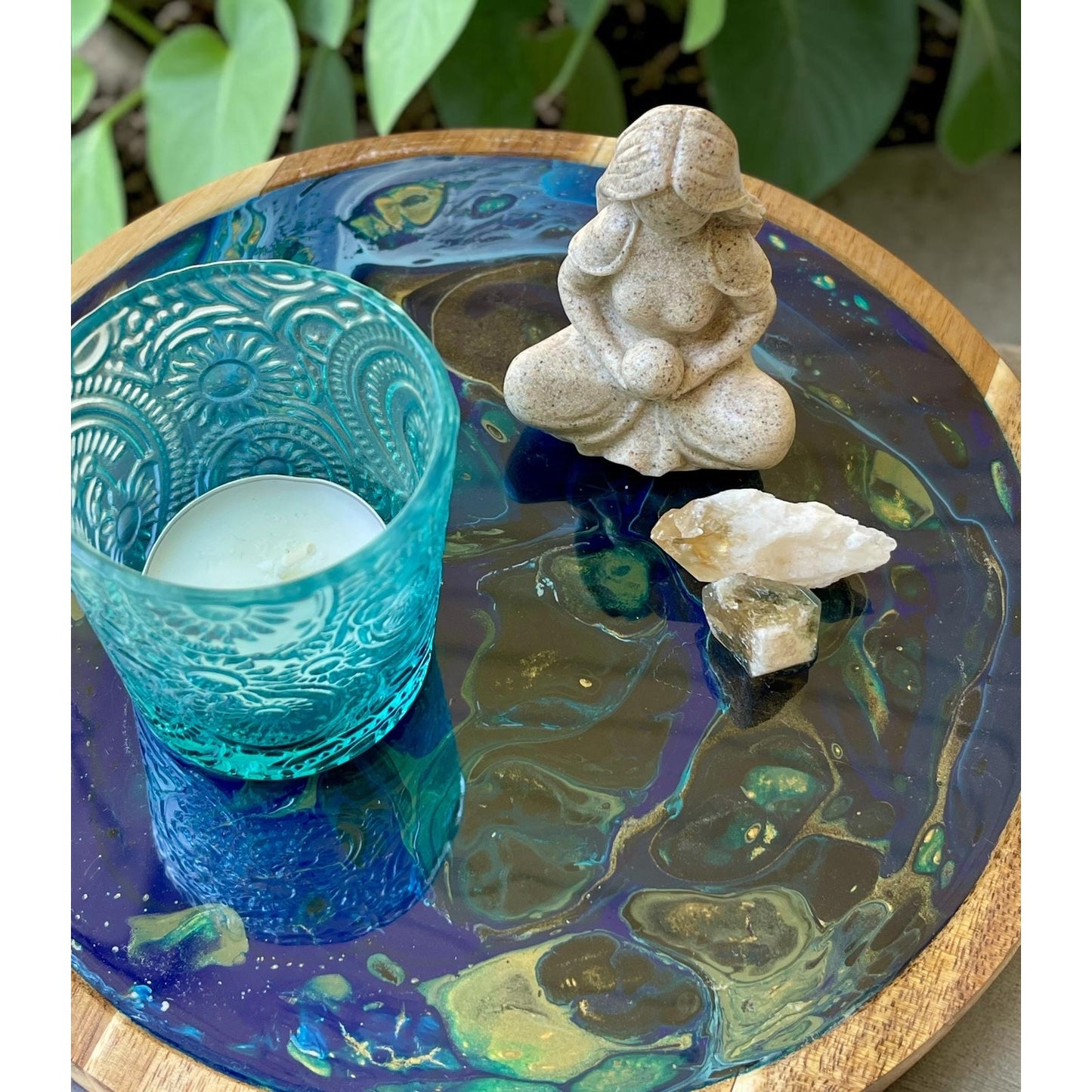 Blue Morpho Abyss Goddess Tray | Resin Art Wood Tray with Citrine Crystals & Votive Holder | Spiritual Boho Decor | Ocean Inspired Tray