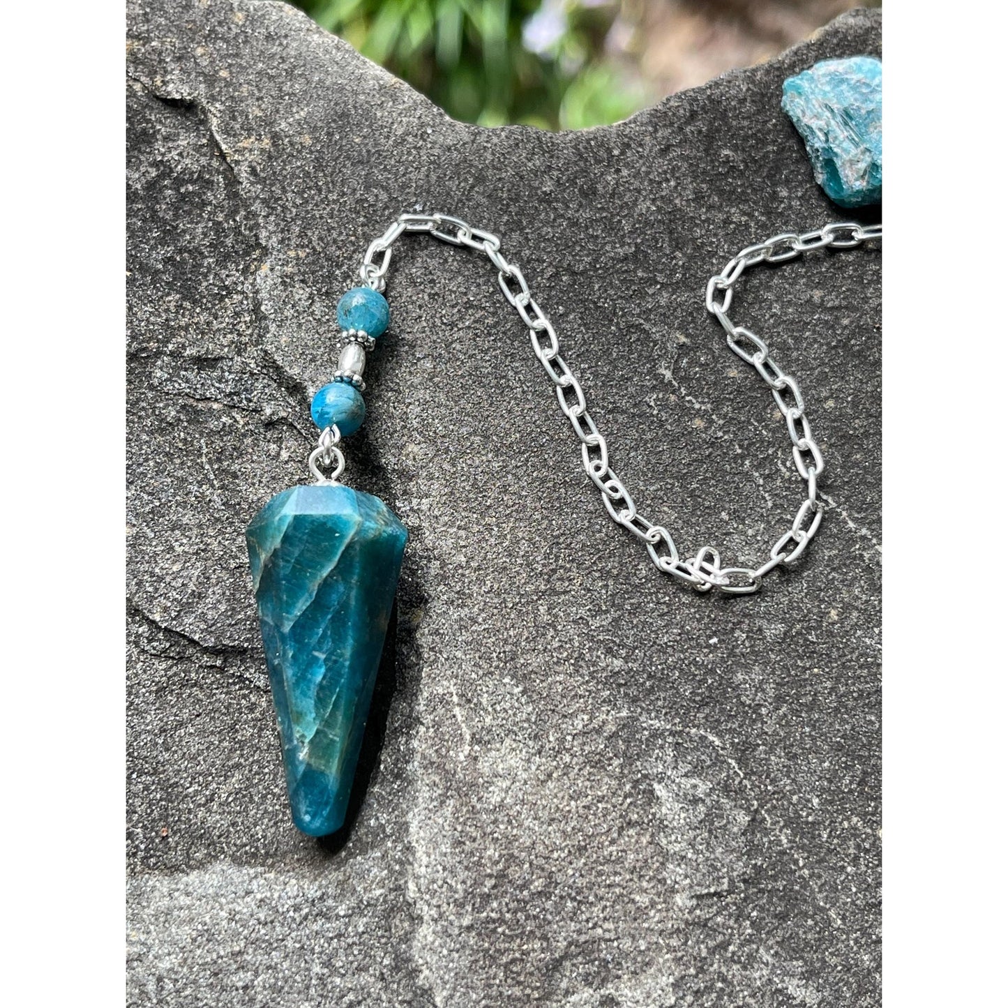 Luxury Blue Apatite Pendulum with Raw Blue Apatite Handle | Heavy Sterling Silver Precious Metal Chain | Handcrafted Crystal Pendulum