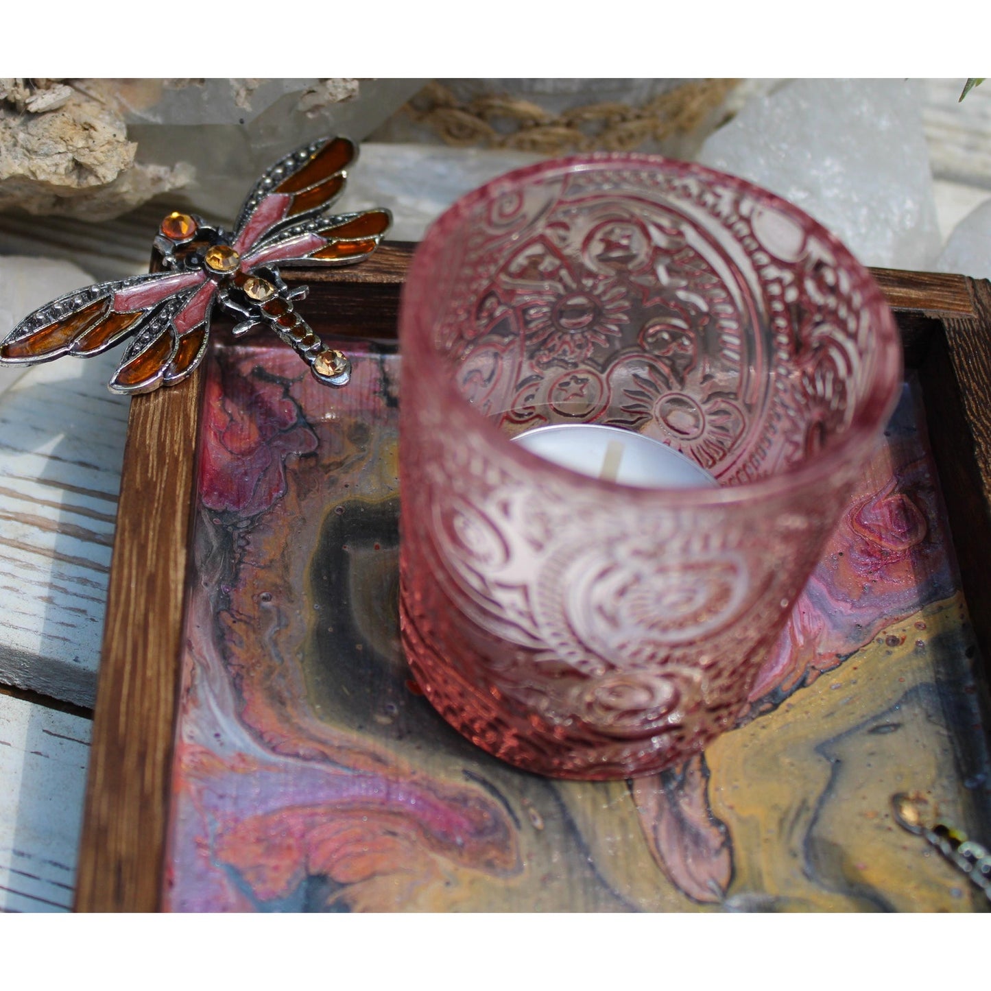 Hand Painted Dragonfly Wood Candle Holder: Acrylic Pour