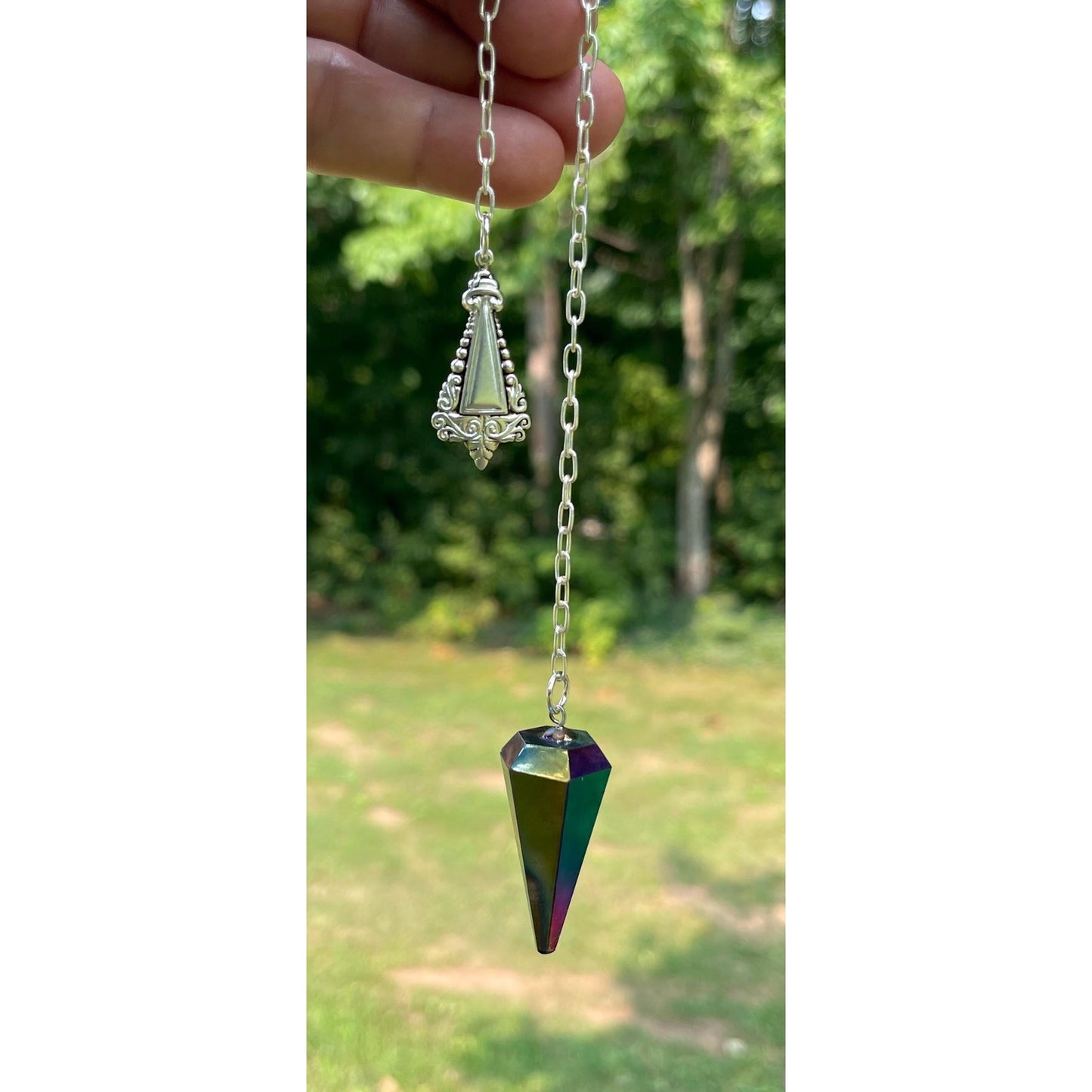 Luxury Titanium Aura Quartz Pendulum with Sterling Silver Handle & Chain | Rainbow Aura Crystal | Handcrafted Divination Tool | One of a Kin