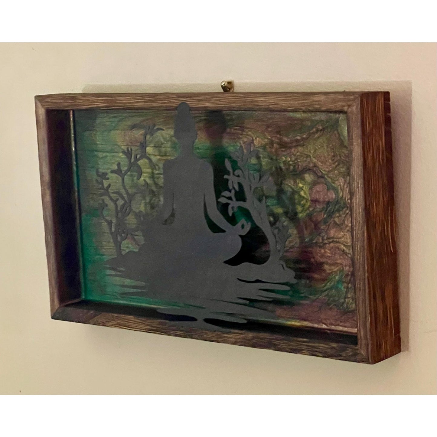 Meditation Wall Art Wood Frame – Zen Buddha Silhouette – Resin Art Spiritual Decor – Green & Earth Tone Wall Hanging – Handmade Boho Decor