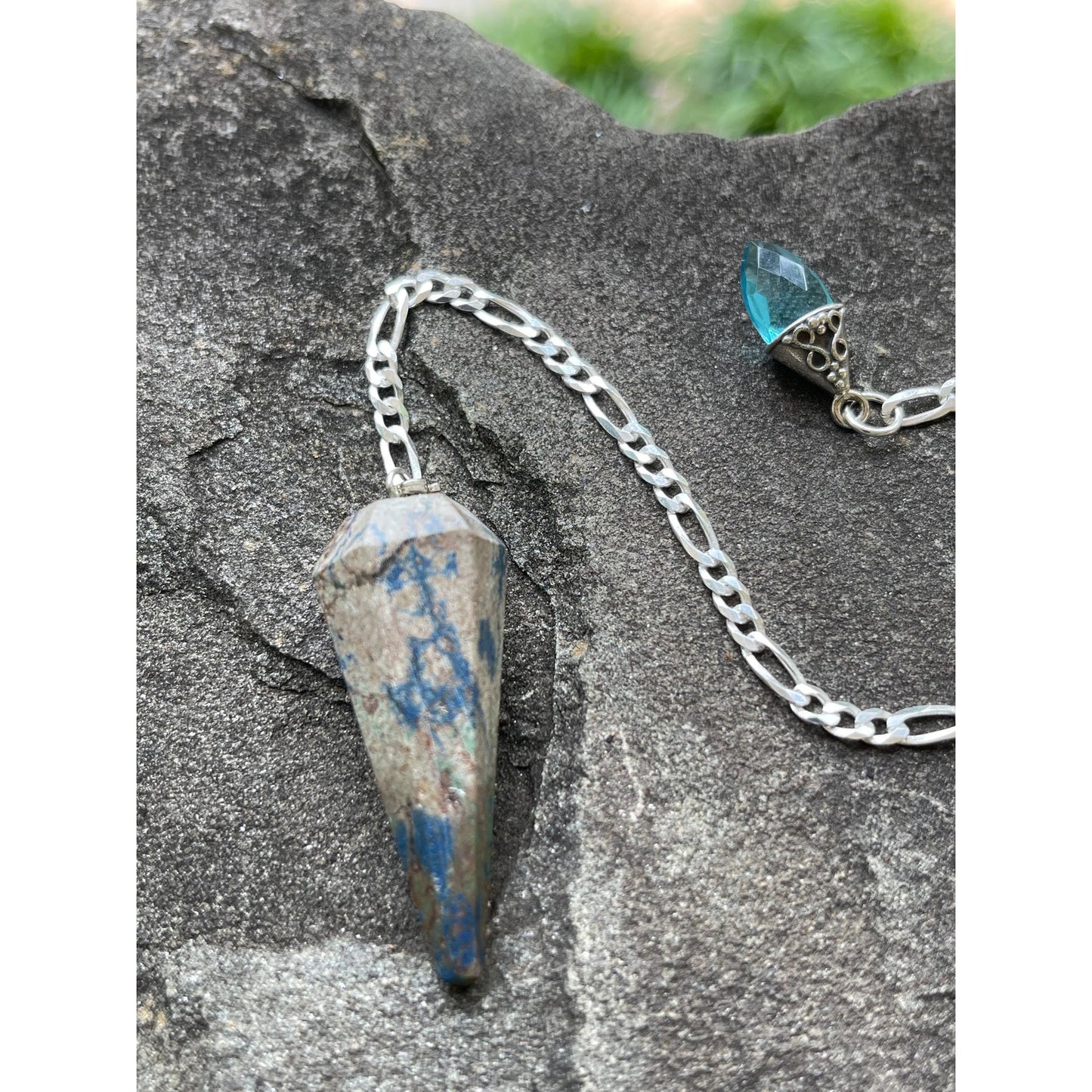 Luxury Chrysocolla Pendulum with Blue Topaz Handle | Sterling Silver Chain | Handmade Crystal Pendulum | Divination Tool | One-of-a-Kind