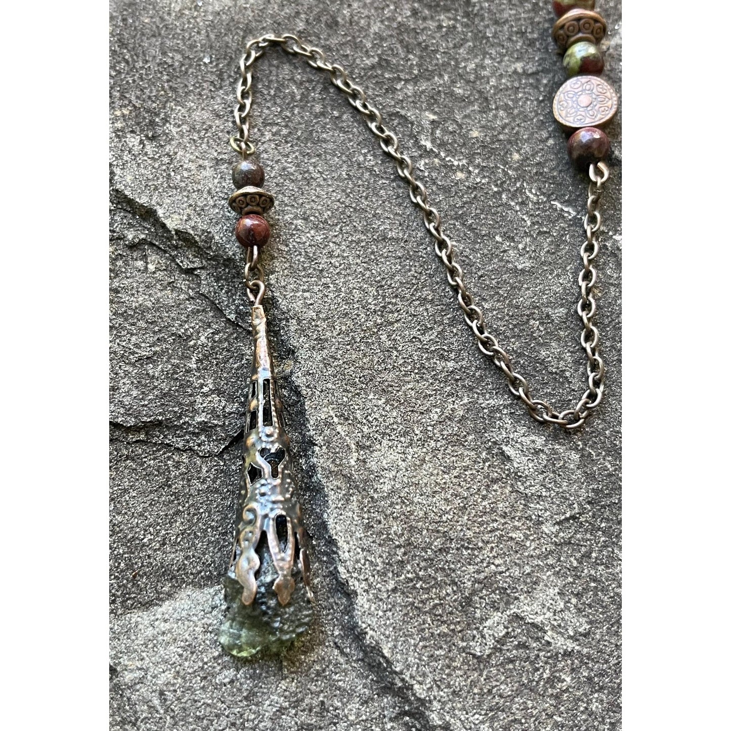 Authentic Moldavite Pendulum | 1.08 Gram Raw Moldavite | Dragon Blood Stone | Includes Certificate of Authenticity Handmade Divination Tool