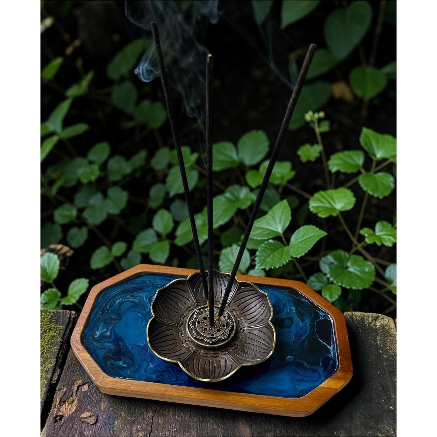 Midnight Tide Lunar Vein Lotus Incense Tray | Handmade Resin Art | Stick & Cone Burner | Meditation Spiritual Decor
