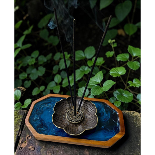 Midnight Tide Lunar Vein Lotus Incense Tray | Handmade Resin Art | Stick & Cone Burner | Meditation Spiritual Decor