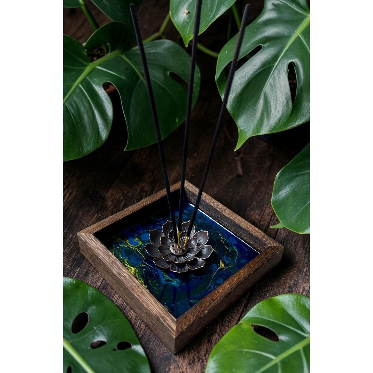 Blue Morpho Abyss Lotus Incense Holder | Handmade Resin Art Decor | Sapphire & Turquoise Lotus Burner | Meditation Altar Decor | 4 Inch
