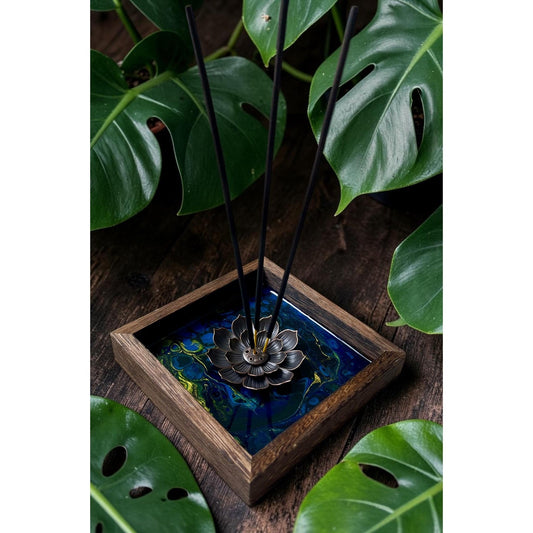 Blue Morpho Abyss Lotus Incense Holder | Handmade Resin Art Decor | Sapphire & Turquoise Lotus Burner | Meditation Altar Decor | 4 Inch