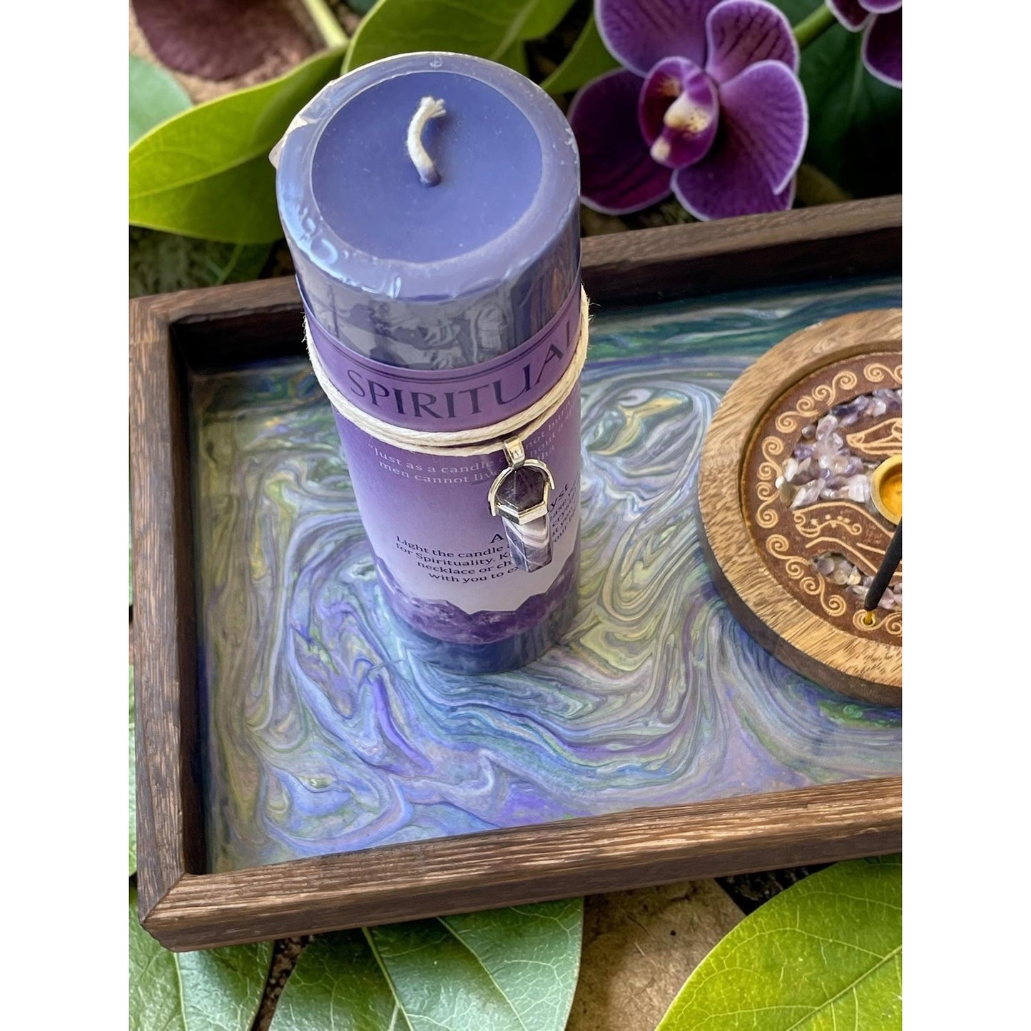 Hand Painted Spiritual Tray with Amethyst Intention Candle & Incense Holder – Meditation Altar Decor – Crystal Ritual Se