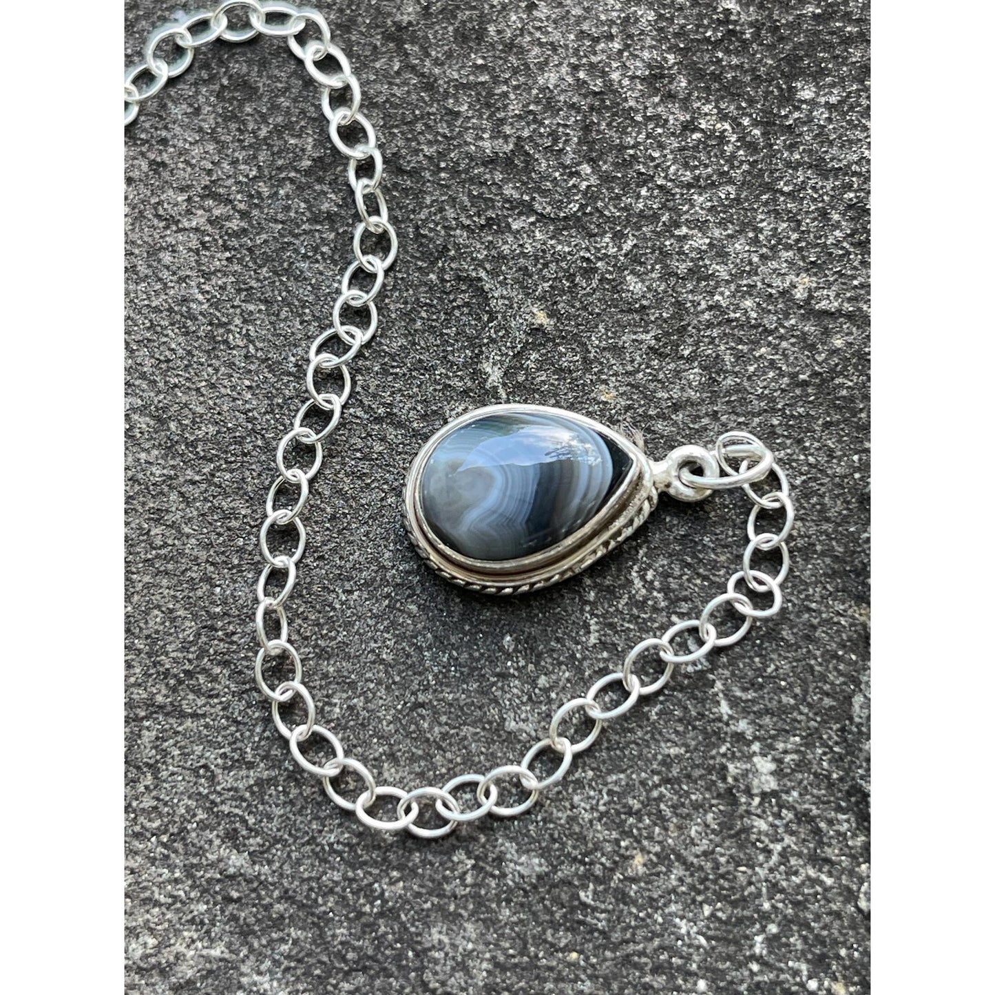 Indigo Gabbro & Banded Black Onyx Luxury Pendulum | Sterling Silver Chain | Mystic Merlinite Divination Tool