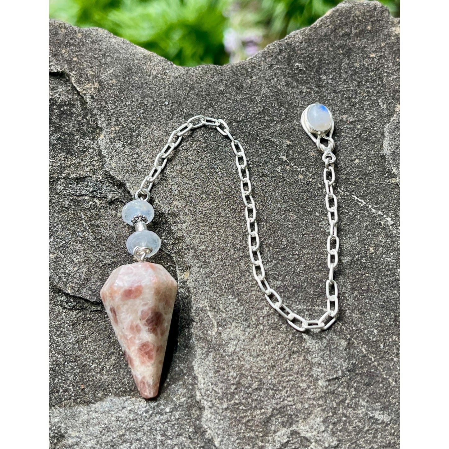 Luxury Peach Moonstone Pendulum | Heavy Sterling Silver Precious Metal Chain | Moonstone Sterling Silver Handle | Handcrafted Pendulum