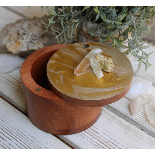 Stash Box, Jewelry Box, Keepsake Box, Hand Painted Box Crystals Unakite, Clear Quartz 4" x 4 x 3"