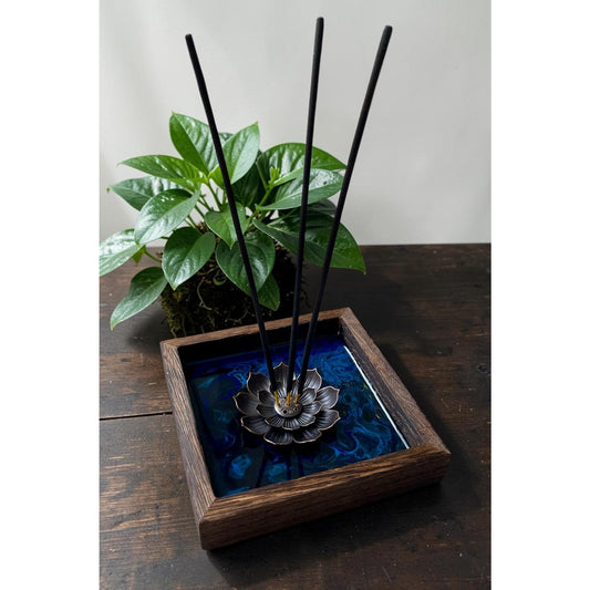 Blue Morpho Abyss Lotus Incense Holder | Handmade Resin Art Decor | Sapphire & Turquoise Lotus Burner | Meditation Altar Decor | 4 Inch