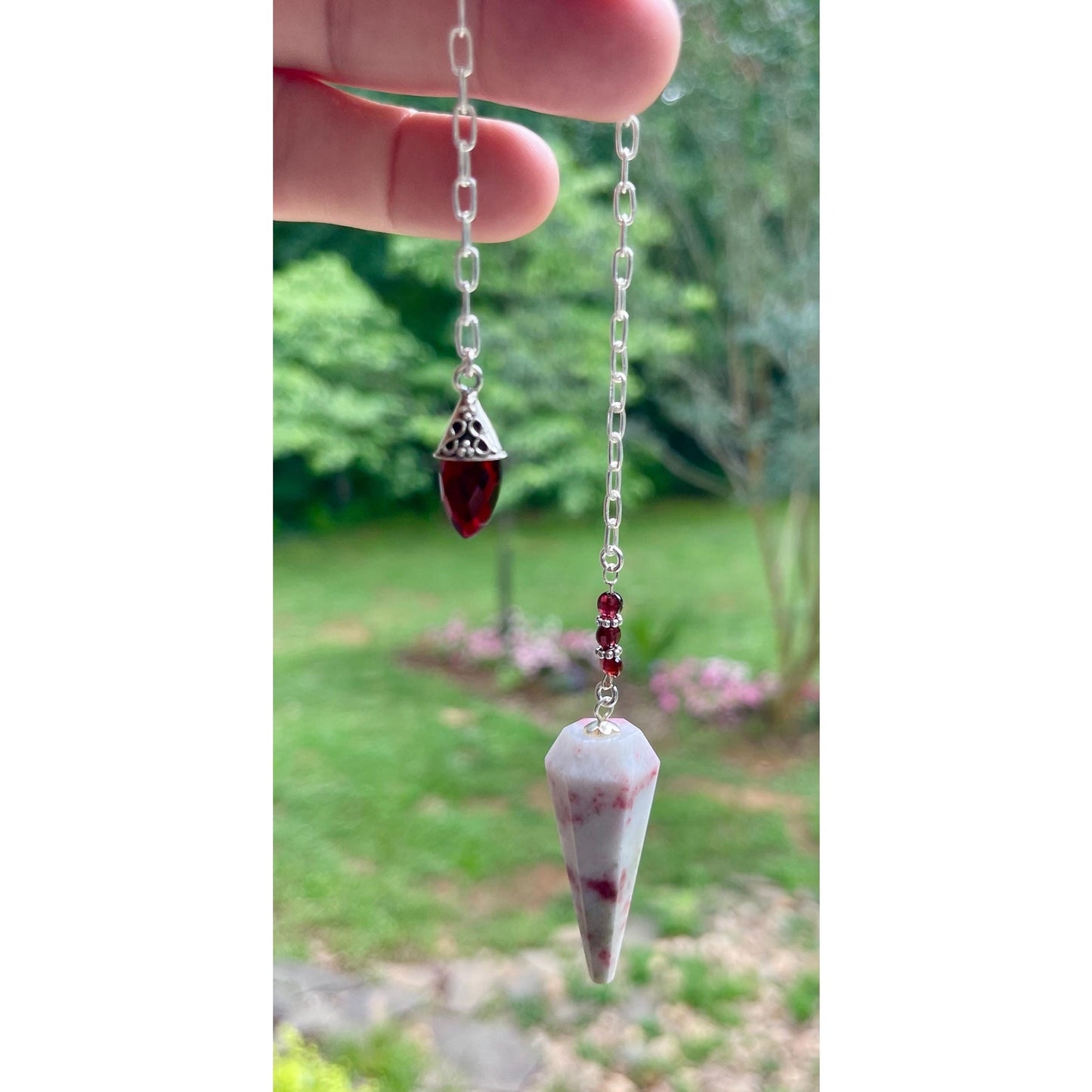 Luxury Cinnabrite Pendulum with Genuine Garnet Handle | Heavy Precious Metal Sterling Silver Chain | Handmade Crystal Pendulum