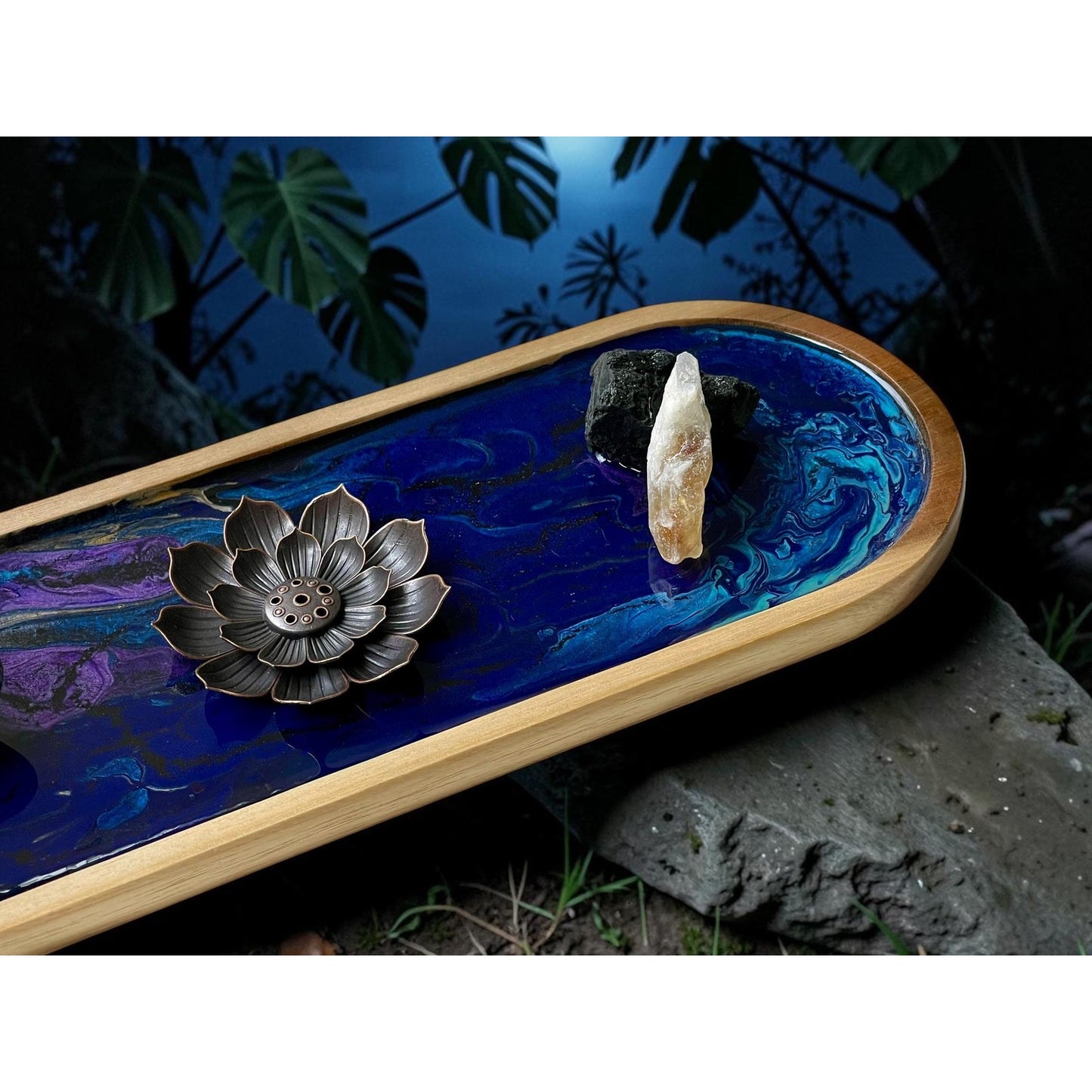 Midnight Tide Goddess Incense Tray, Resin Art Meditation Altar Decor, Lotus Incense Burner with Citrine & Black Onyx Handmade Spiritual Gift