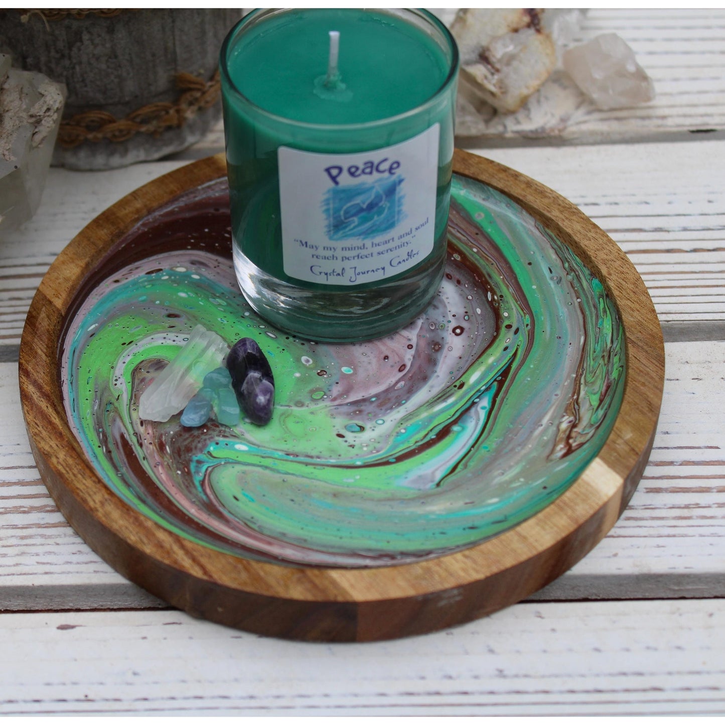 Hand Painted Crystal Candle Holder: Acacia Wood with Amethyst & Aquamarine