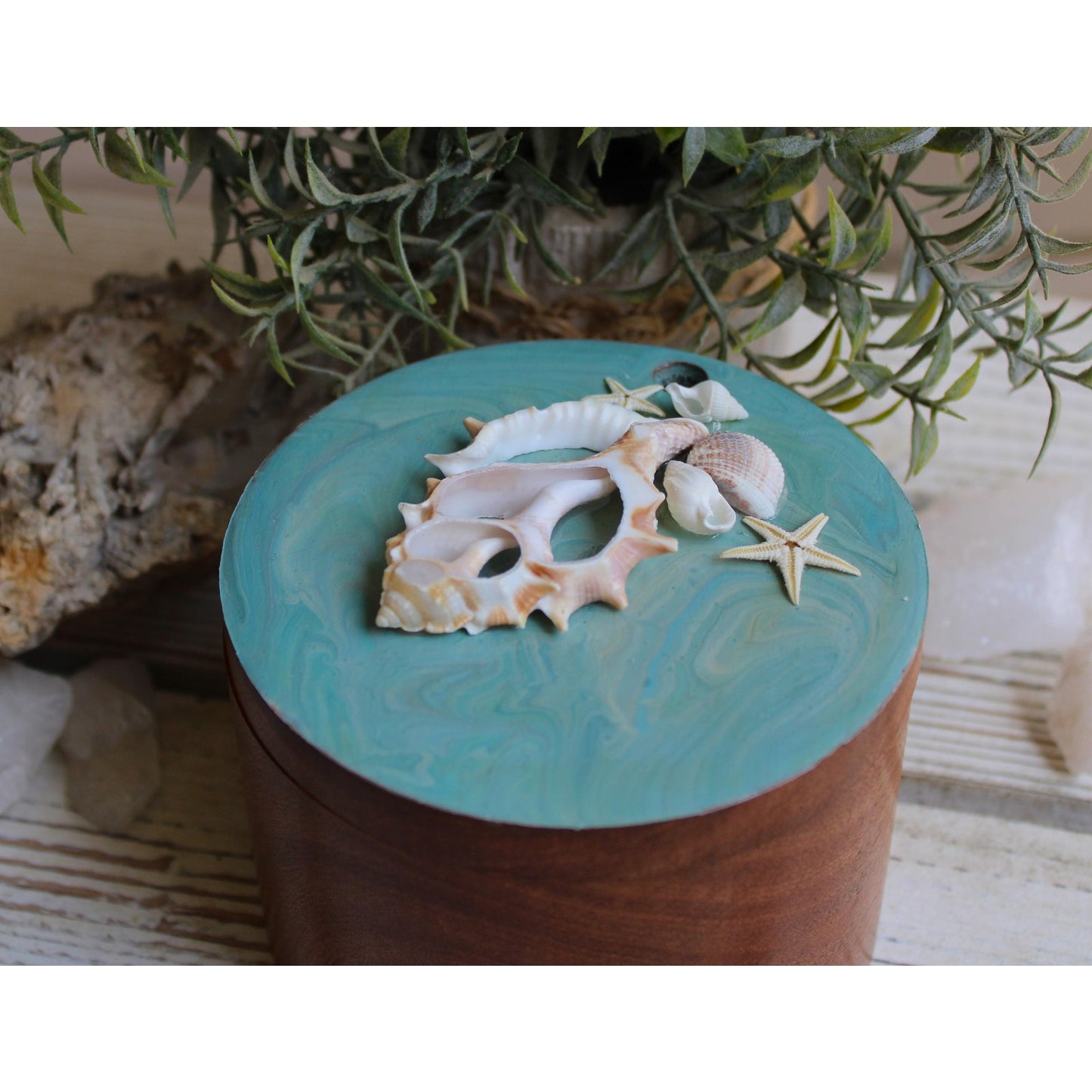 Stash Box, Jewelry Box, Keepsake Box, Hand Painted Box Shells Beach 4" x 4 x 3"