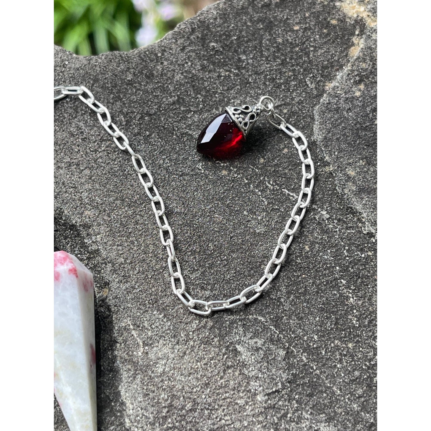 Luxury Cinnabrite Pendulum with Genuine Garnet Handle | Heavy Precious Metal Sterling Silver Chain | Handmade Crystal Pendulum