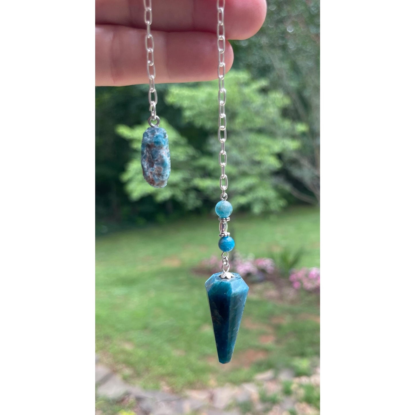 Luxury Blue Apatite Pendulum with Raw Blue Apatite Handle | Heavy Sterling Silver Precious Metal Chain | Handcrafted Crystal Pendulum