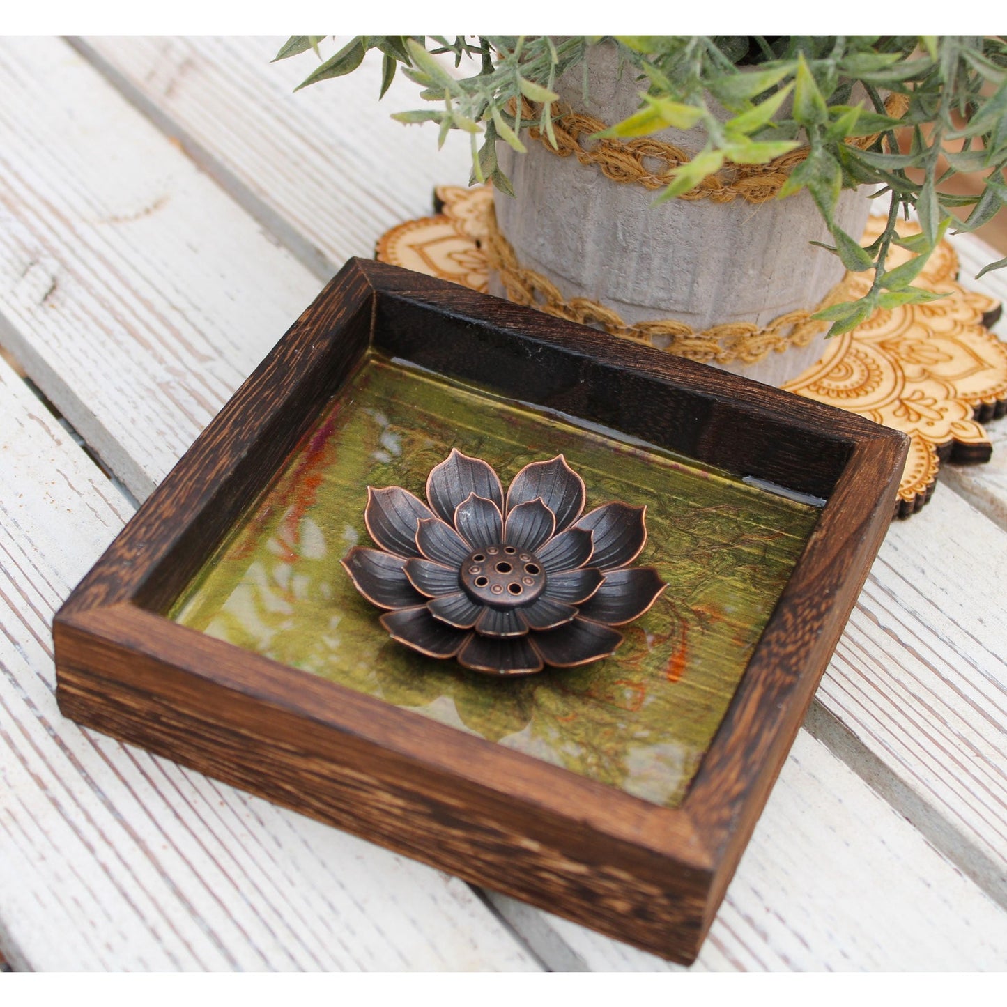Hand Painted Lotus Incense Holder – Resin Sealed Acrylic Pour Art –