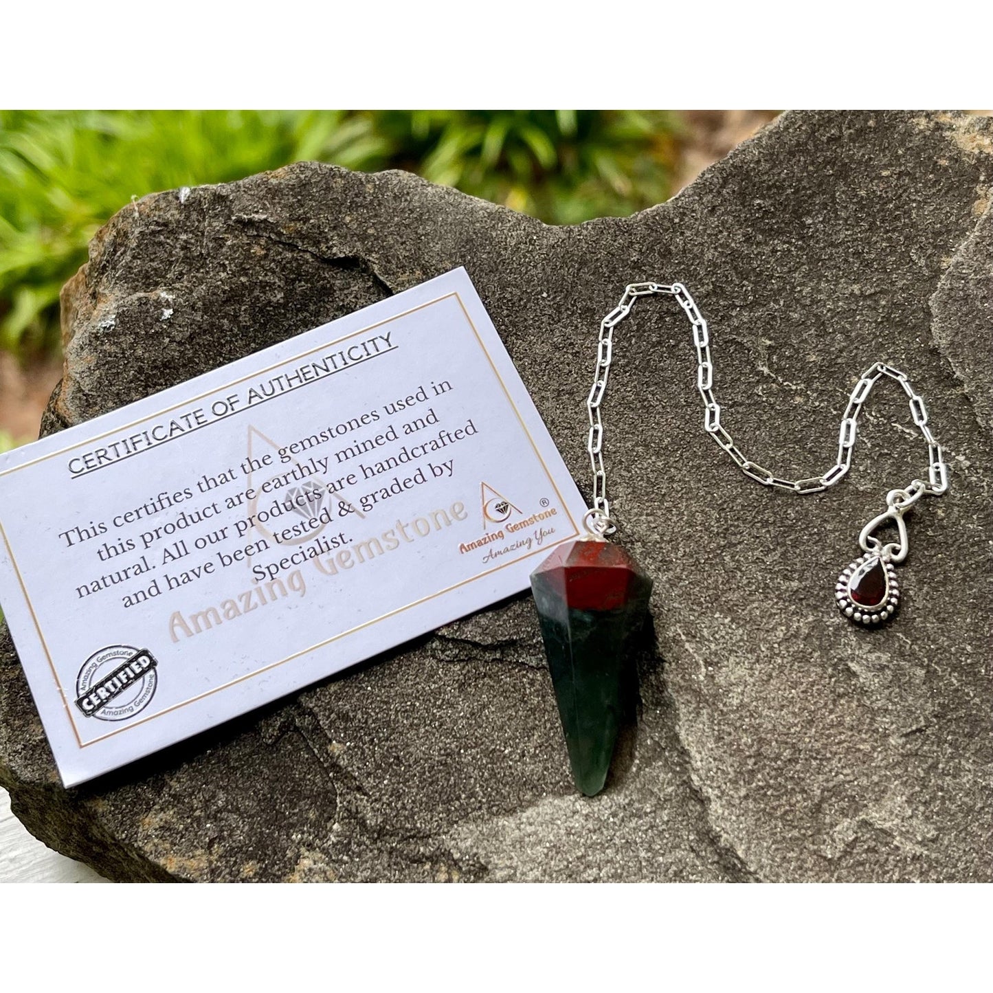 Luxury African Bloodstone & Garnet Pendulum | Sterling Silver Chain