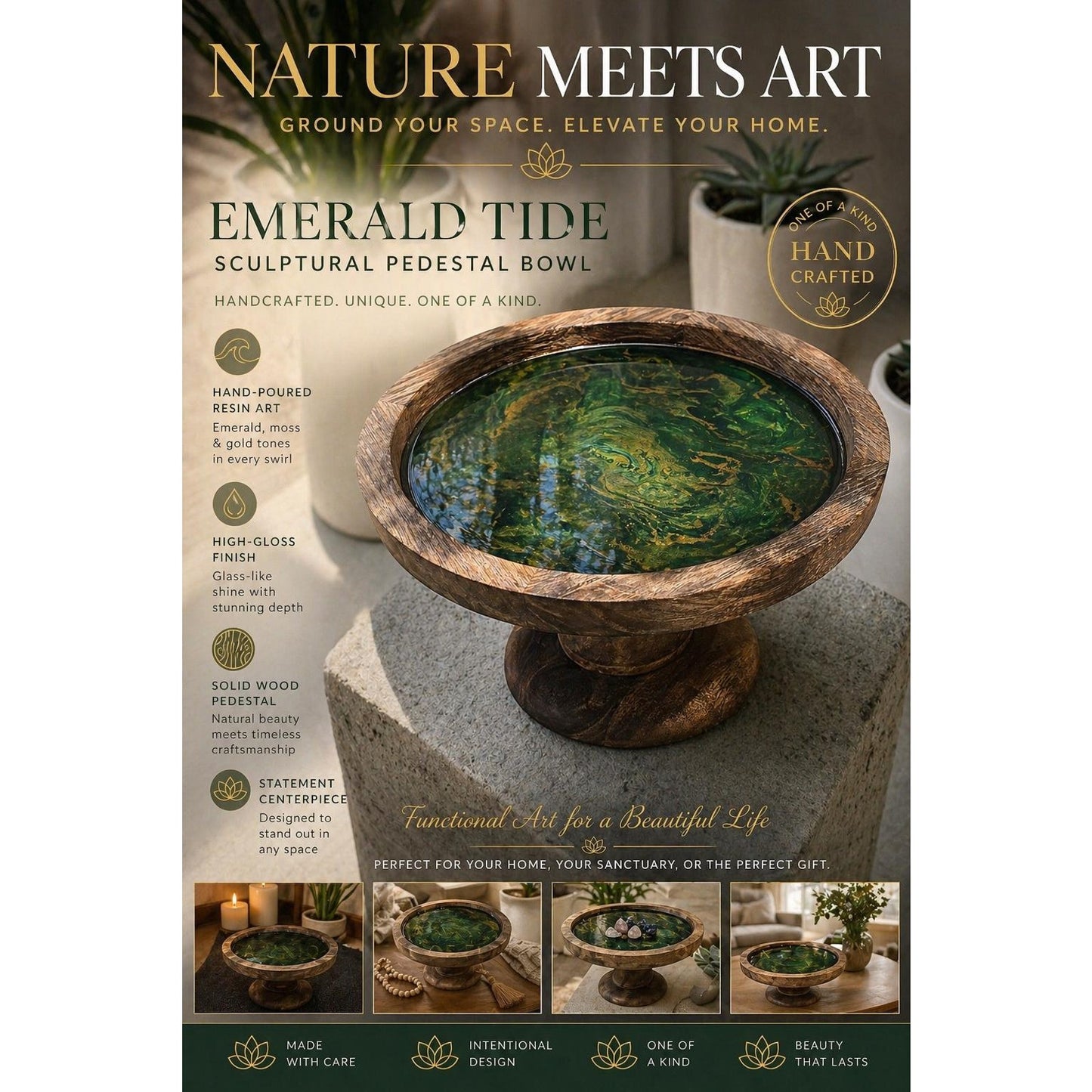 Emerald Tide Sculptural Pedestal Bowl – Handcrafted Resin Art – Green & Gold Abstract – Wooden Centerpiece – One of a Kind Decor