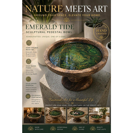 Emerald Tide Sculptural Pedestal Bowl – Handcrafted Resin Art – Green & Gold Abstract – Wooden Centerpiece – One of a Kind Decor
