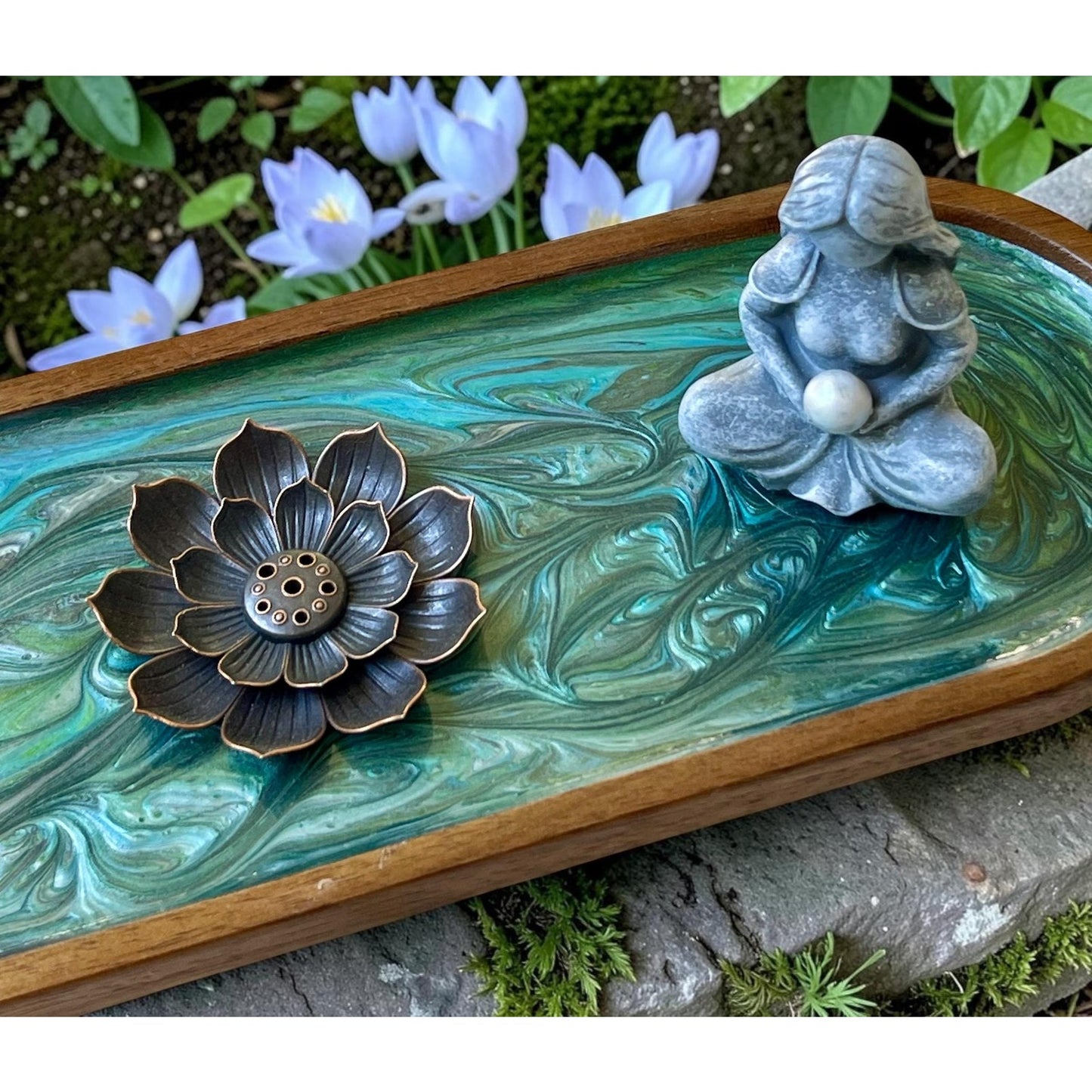 Hand Painted Goddess Ritual Tray with Lotus Incense Holder & Healing Crystals – Moonstone, Clear Quartz, Blue Celestite – Spiritual Decor