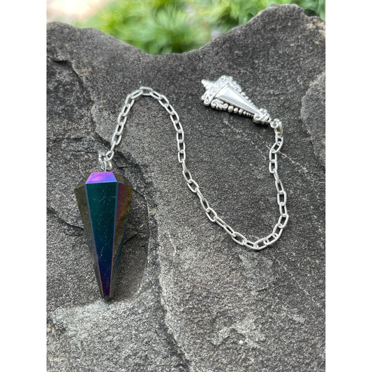 Luxury Titanium Aura Quartz Pendulum with Sterling Silver Handle & Chain | Rainbow Aura Crystal | Handcrafted Divination Tool | One of a Kin