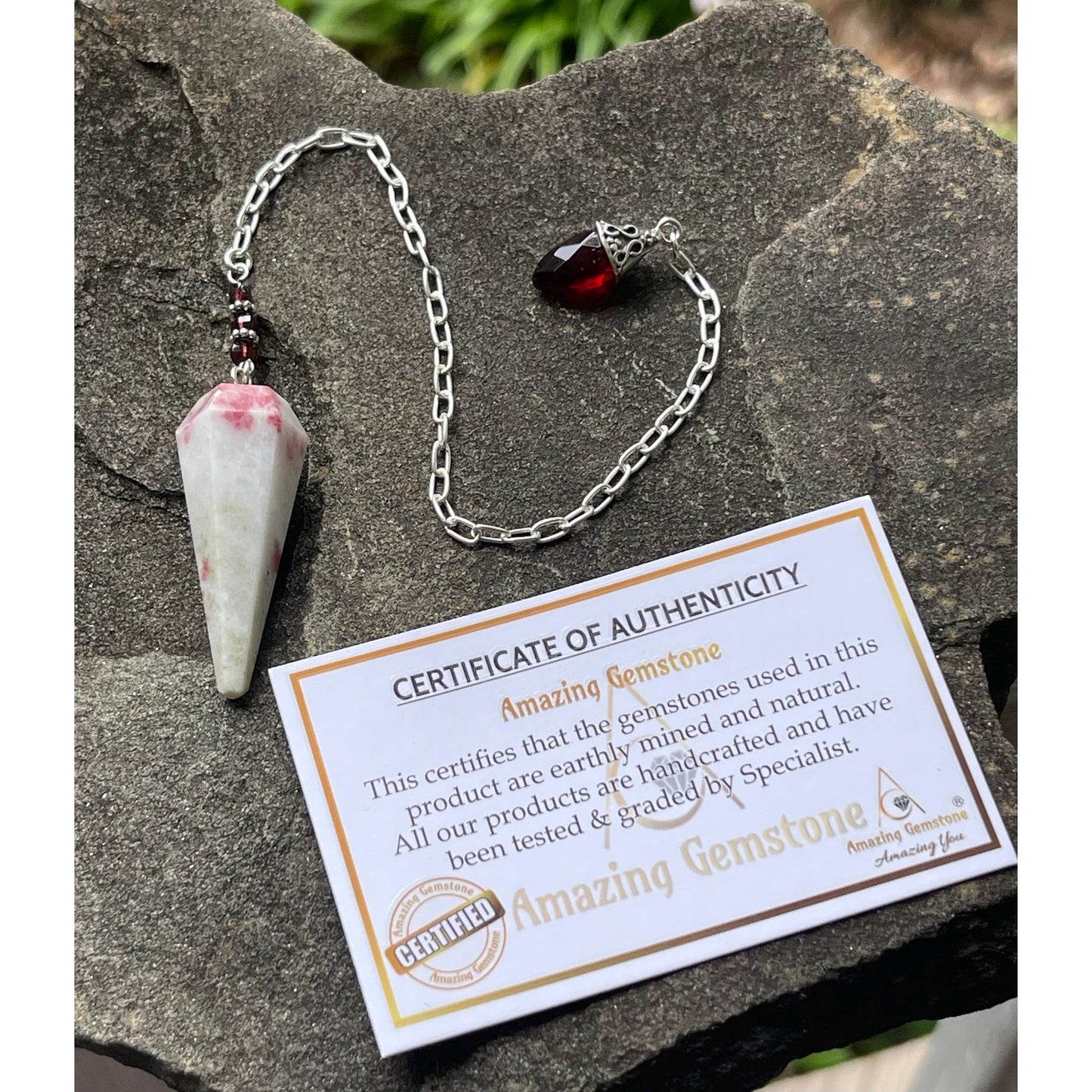 Luxury Cinnabrite Pendulum with Genuine Garnet Handle | Heavy Precious Metal Sterling Silver Chain | Handmade Crystal Pendulum