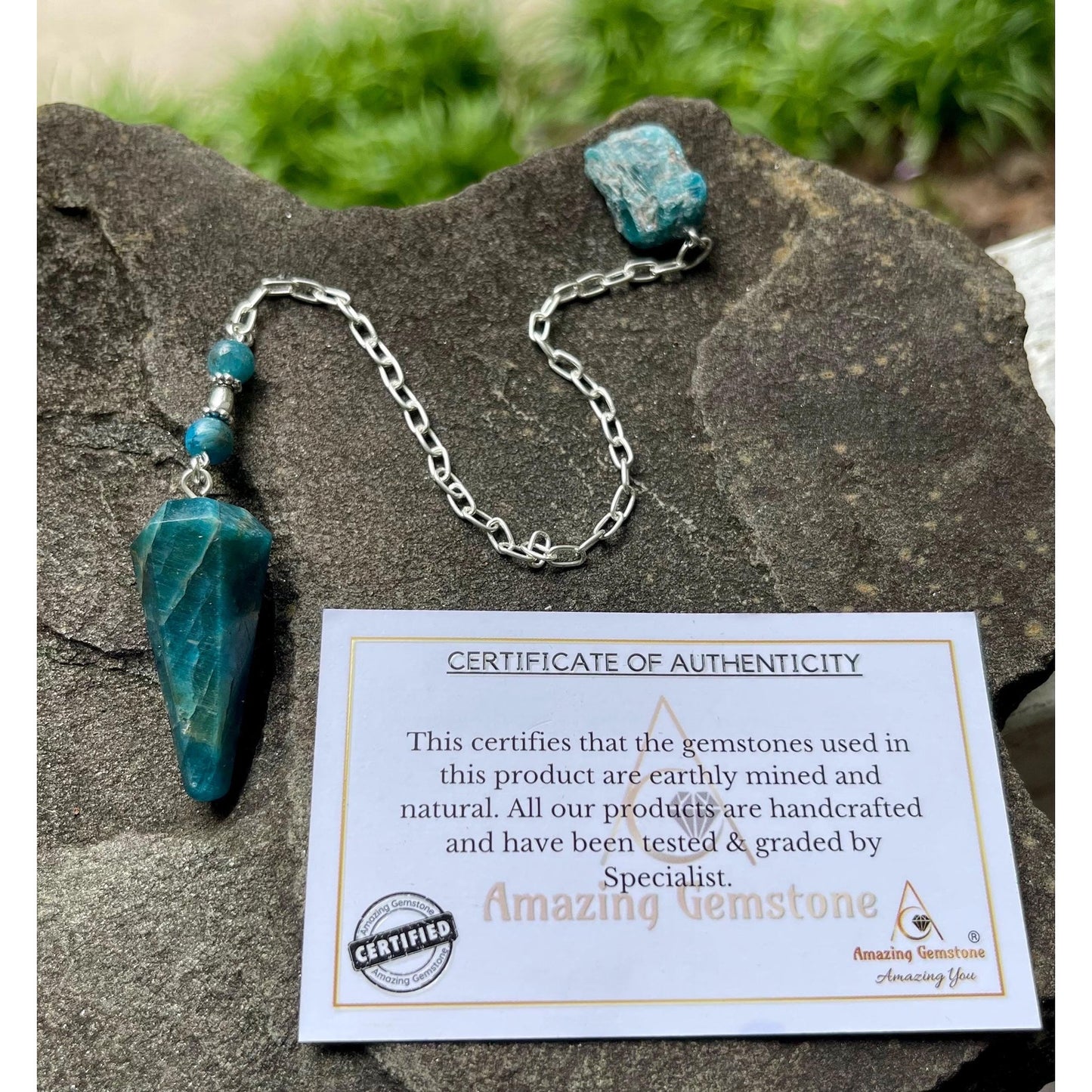 Luxury Blue Apatite Pendulum with Raw Blue Apatite Handle | Heavy Sterling Silver Precious Metal Chain | Handcrafted Crystal Pendulum