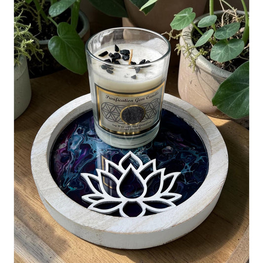 Hand Painted Resin Lotus Tray with Pink Grapefruit Candle – Shungite Crystal Candle – Spiritual Decor – 8” Round Meditation Tray