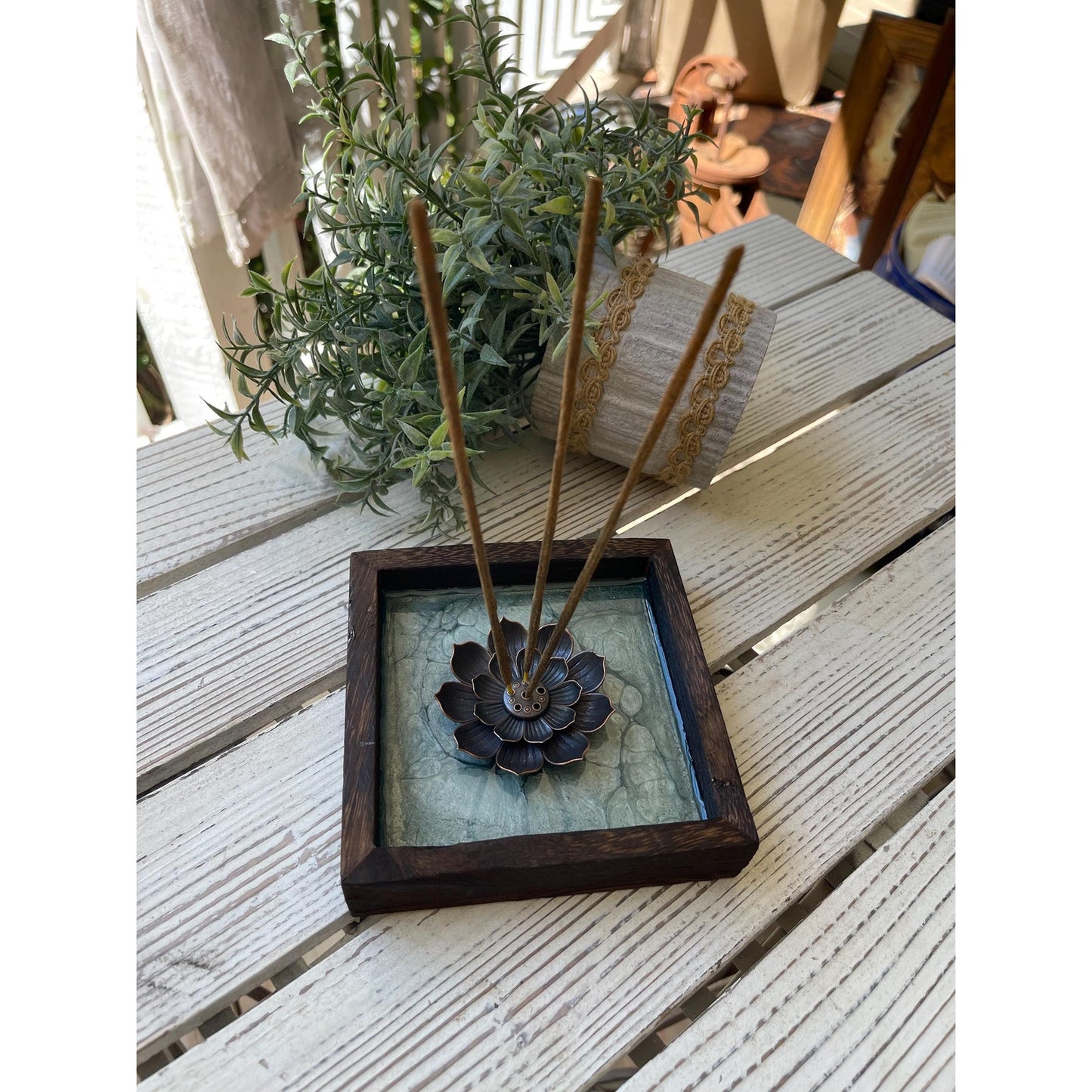 Hand Painted Lotus Incense Holder – Resin Sealed Acrylic Pour Art –