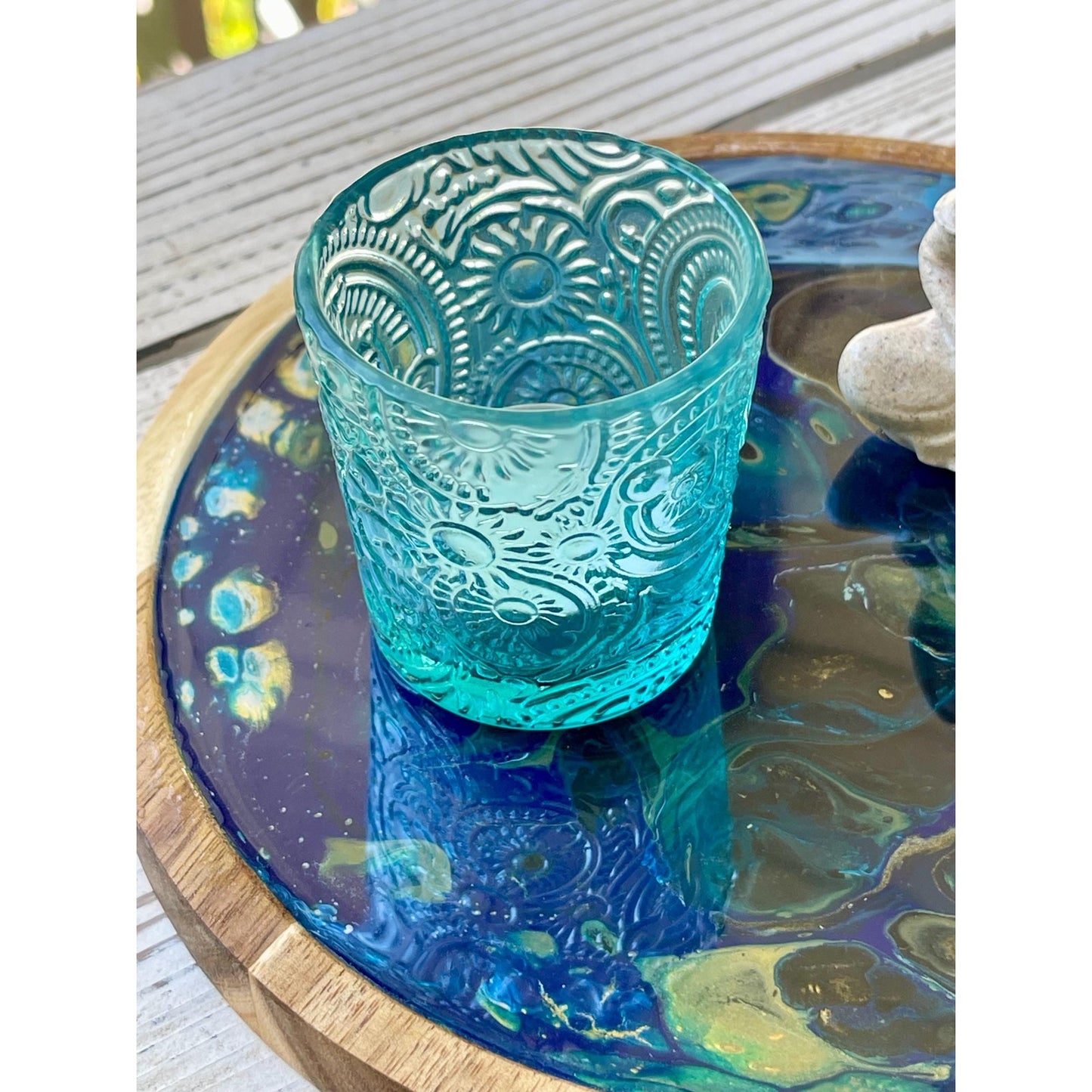 Blue Morpho Abyss Goddess Tray | Resin Art Wood Tray with Citrine Crystals & Votive Holder | Spiritual Boho Decor | Ocean Inspired Tray