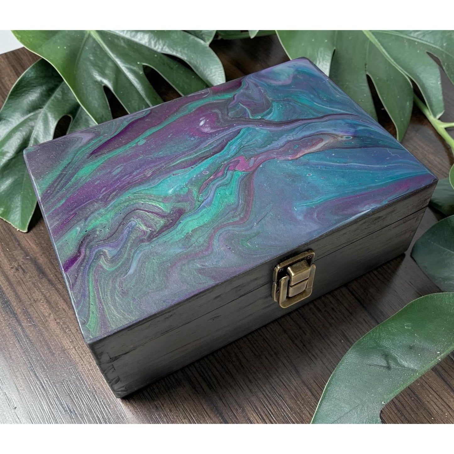 Hand Painted Wooden Stash Box | Abstract Fluid Art Keepsake Box | Crystal & Jewelry Storage | Moody Boho