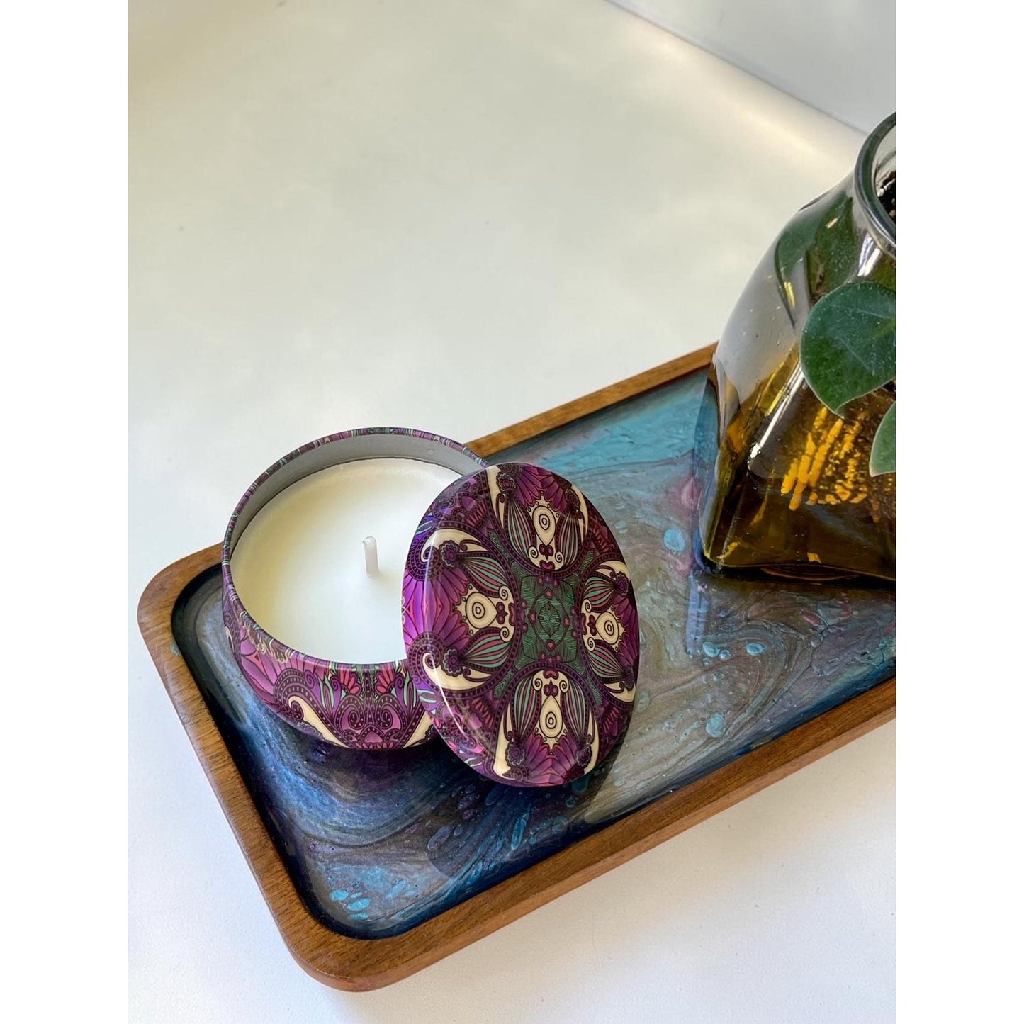 Handmade Resin Tray Set with Soy Candle & Dried Flowers | Small Vanity Tray | Boho Home Decor | Gift Set