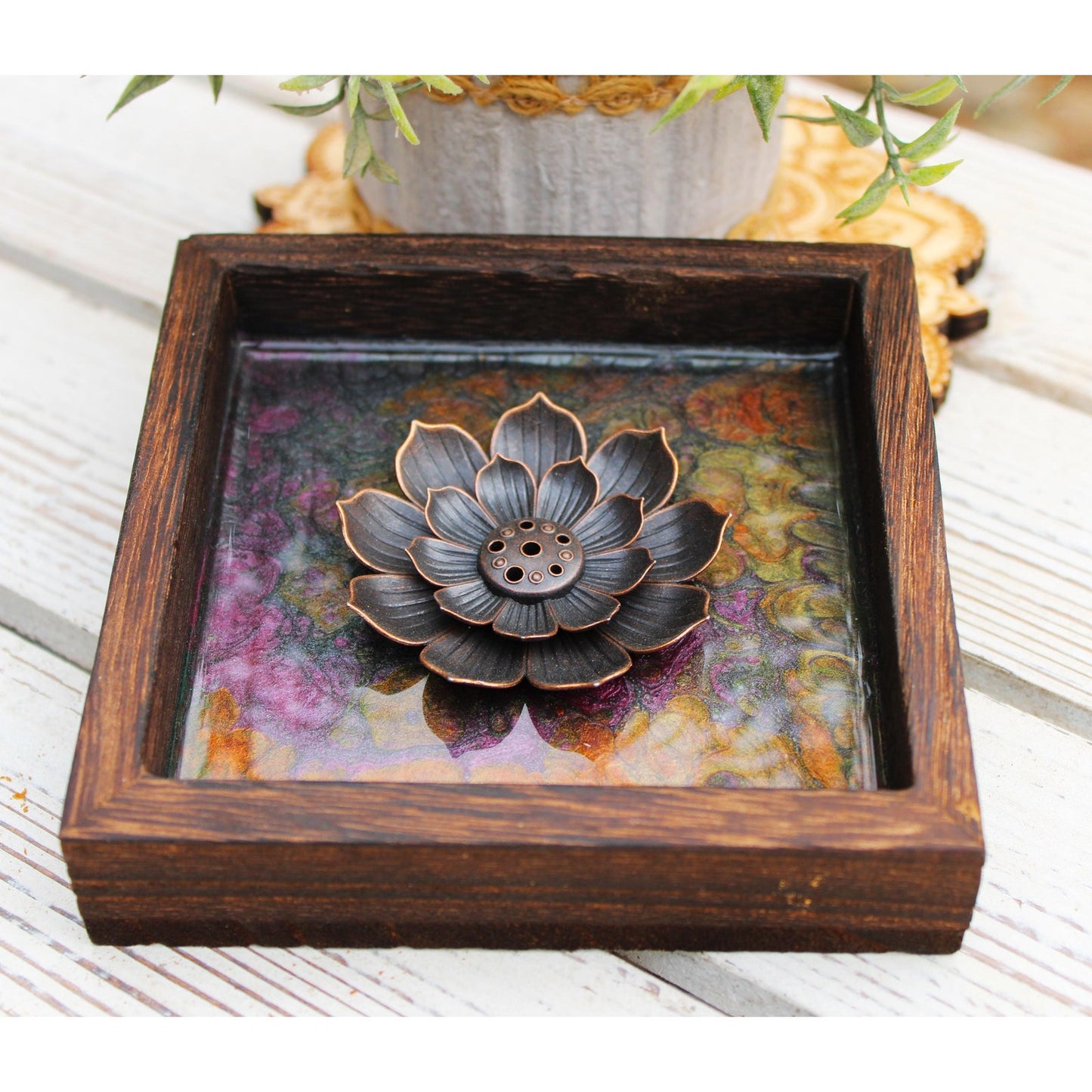 Hand Painted Lotus Incense Holder – Resin Sealed Acrylic Pour Art –