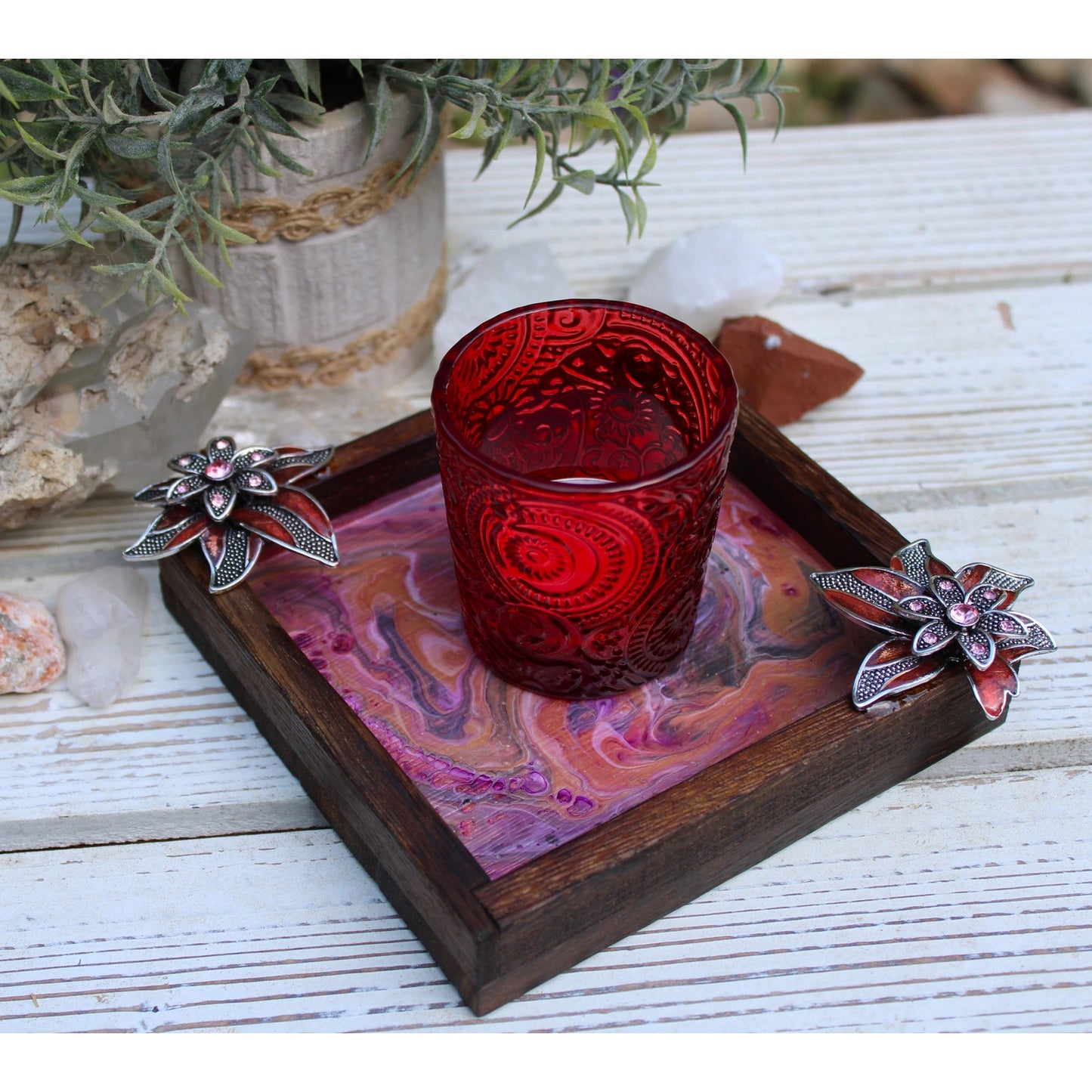 Hand Painted Floral Wood Candle Holder with Glass Votive