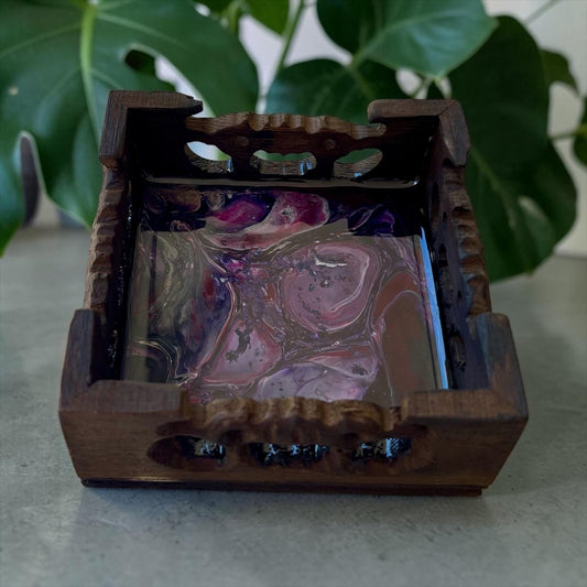 Crushed Merlot Ring Holder – Handmade Resin Jewelry Dish – 3” Wood Tray – Burgundy & Plum Acrylic Pour – Vanity Decor – Gift for Her