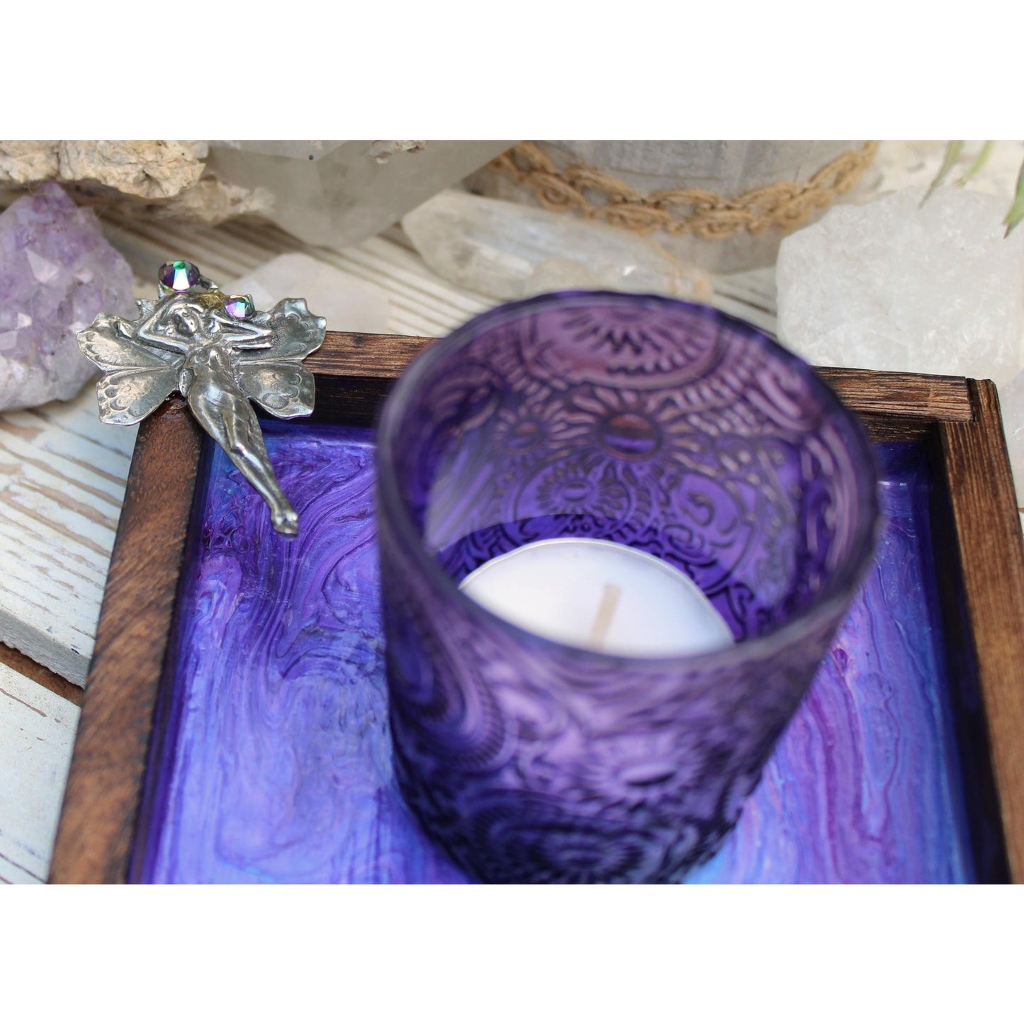 Hand Painted Wood Fairy Candle Holder with Glass Votive